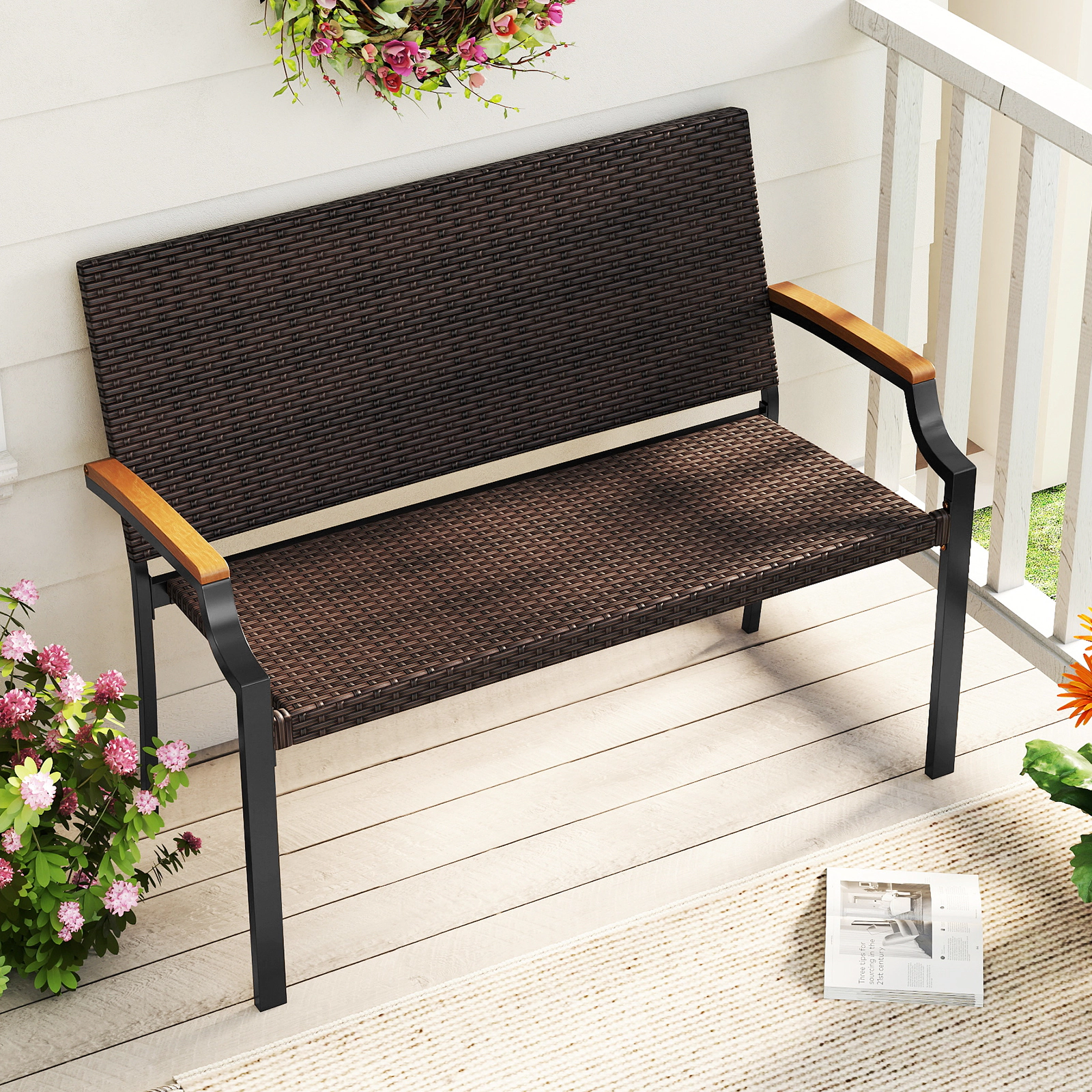 LJG Patio Wicker Loveseat Chair with Acacia Wood Armrests and Metal Frame