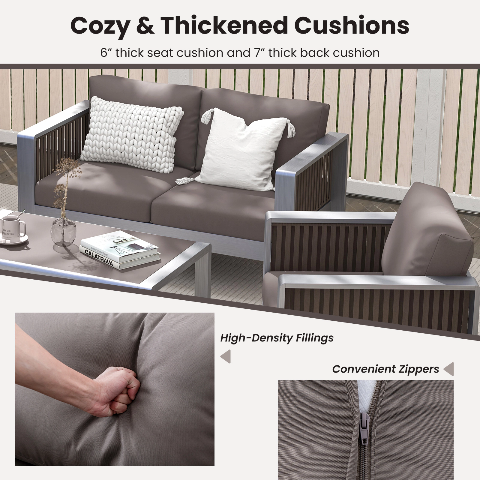 SUGIFT Rustproof Aluminum Patio Armchair with Thick Back and Seat Cushion 330-lb Capacity Gray