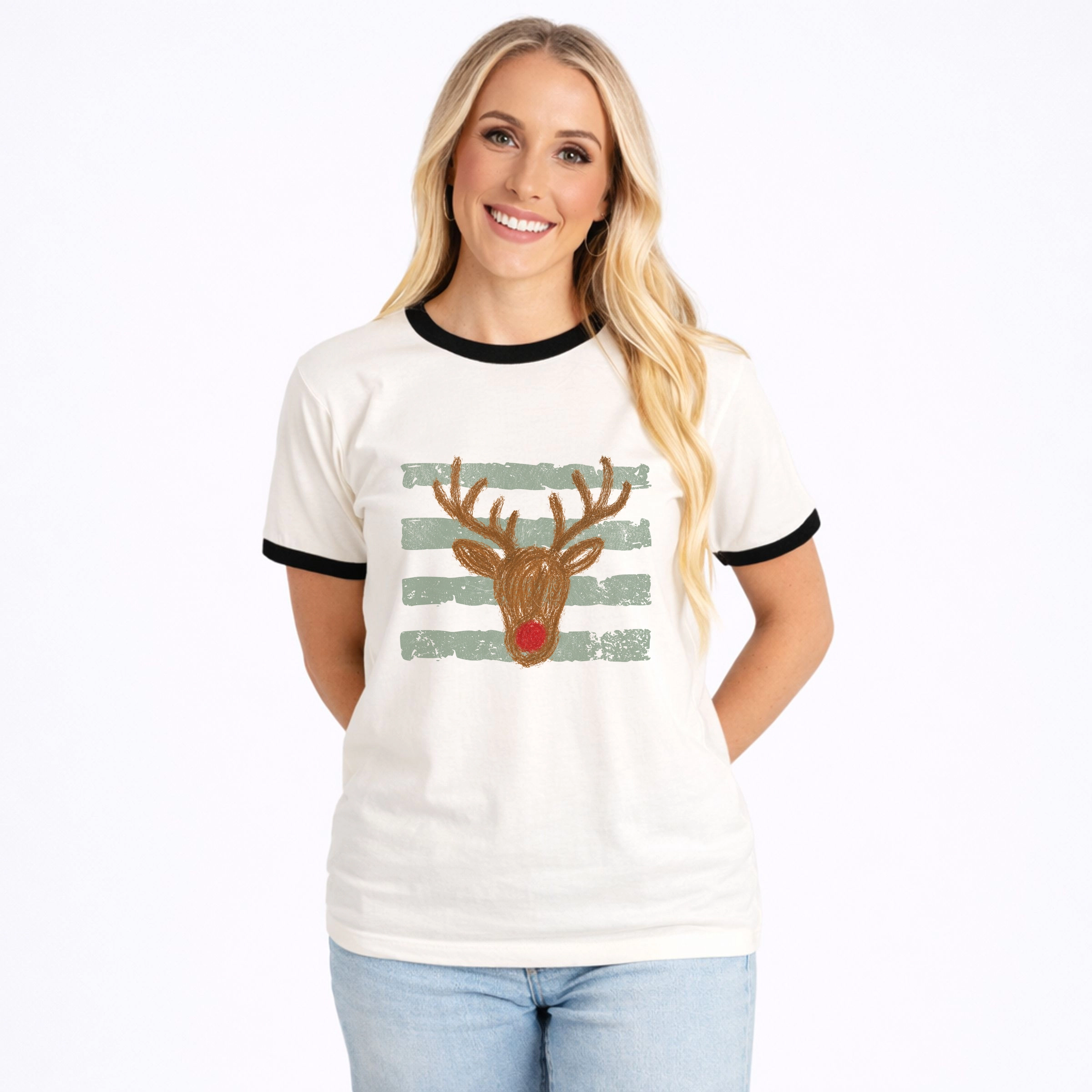 Simply Sage Market - Women's Ringer Graphic T-Shirt Red Nose Deer Stripes