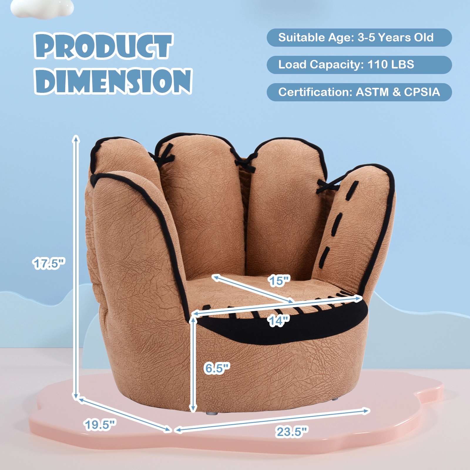 SUGIFT Five Fingers Baseball Glove Shaped Kids Leisure Upholstered Chair 110-lb Capacity Ages 3-5 Brown