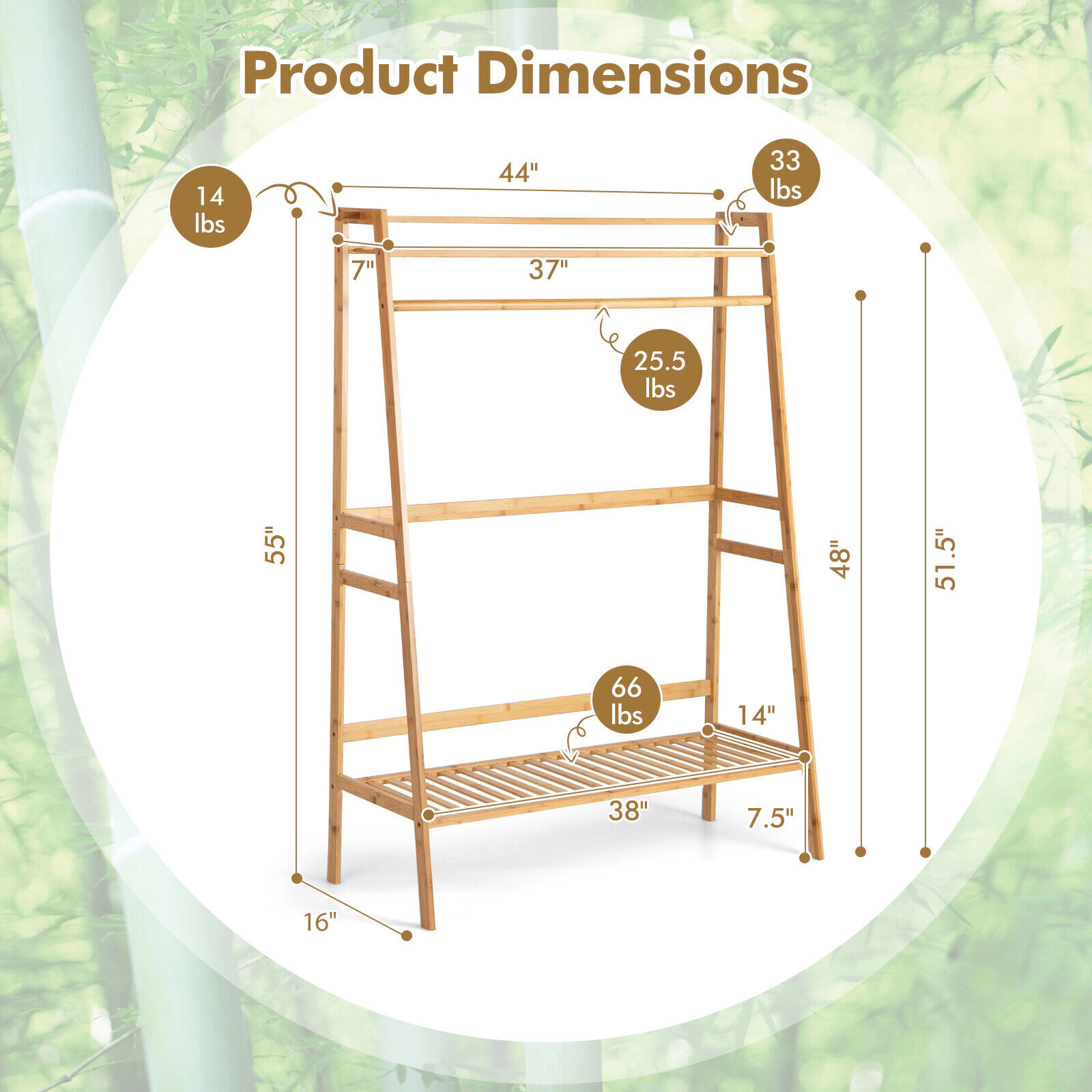 SUGIFT 55-in 66-lb Shelf Bamboo Clothing Rack and Garment Stand with 2-Tier Storage Shelves and Hanging Rod