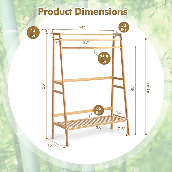 SUGIFT 55-in 66-lb Shelf Bamboo Clothing Rack and Garment Stand with 2-Tier Storage Shelves and Hanging Rod