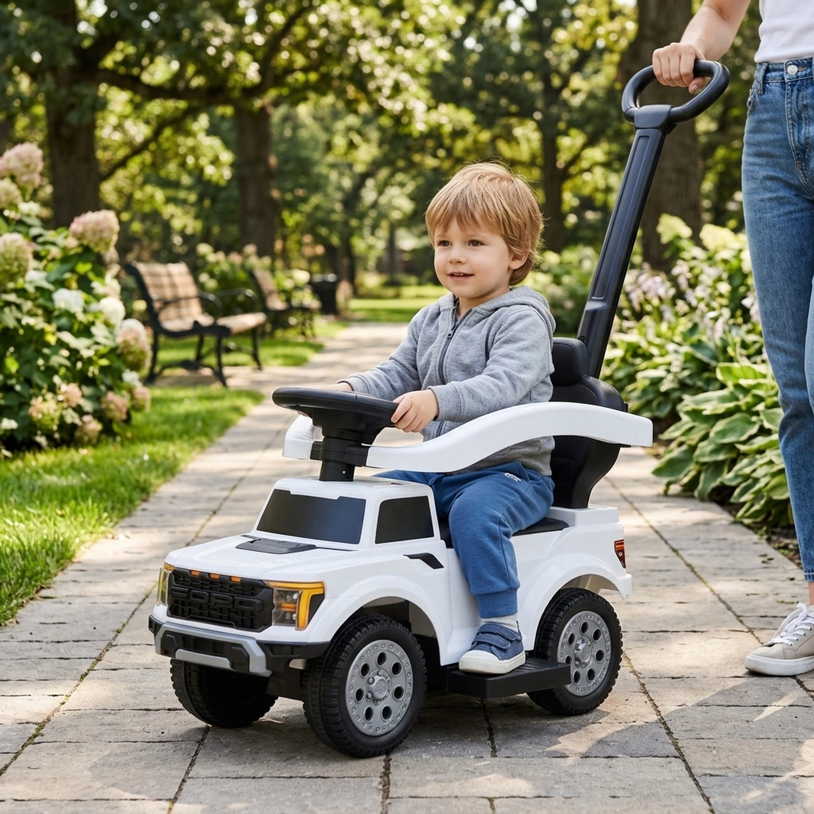 3-in-1 Toddler Push Car Handle LED Headlights Horn Sound Effects Retractable Footrests Under-Seat 18-36 Months White
