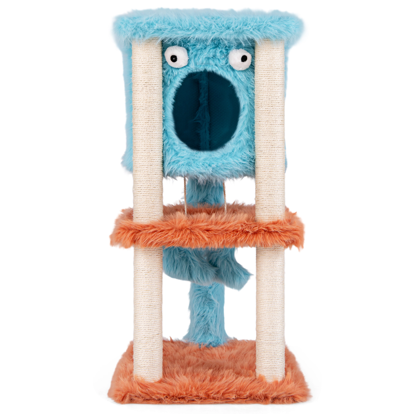 SUGIFT Blue Monster-Themed Cat Tower with Hanging Condo and Long Plush Cover