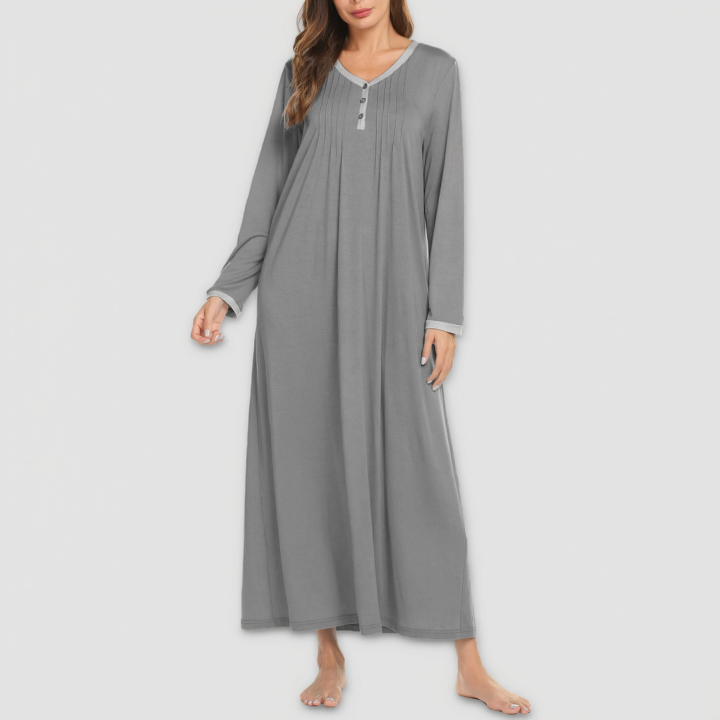 Ekouaer Women's Long Sleeve Nightgown Full Length Sleepwear Sleepshirts Henley Sleep Dress