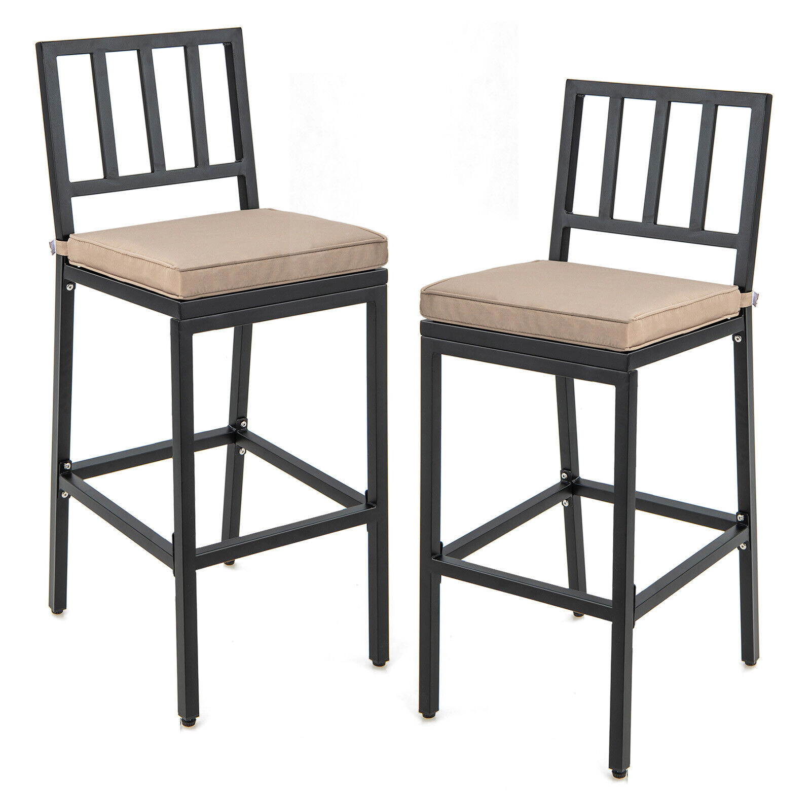 SUGIFT Set of 2 Black Metal Counter Height Bar Stools with Cushioned Backrests and Footrests