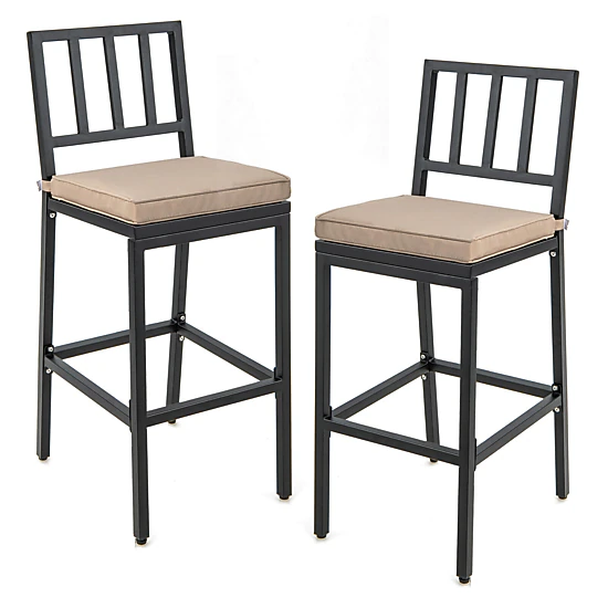 SUGIFT Set of 2 Black Metal Counter Height Bar Stools with Cushioned Backrests and Footrests
