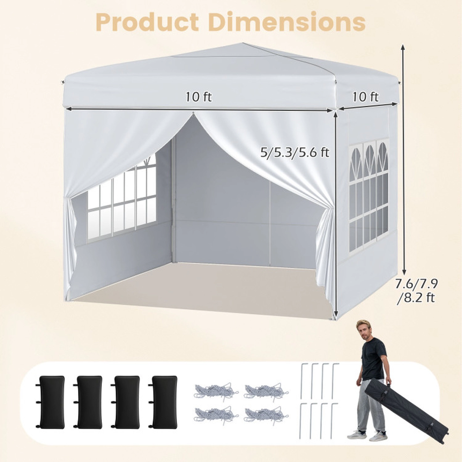 SUGIFT White Wheeled Pop Up Canopy Tent with 2 Window Sidewalls and Carbon Steel Frame 10-ft W 10-ft D 8.2-ft H