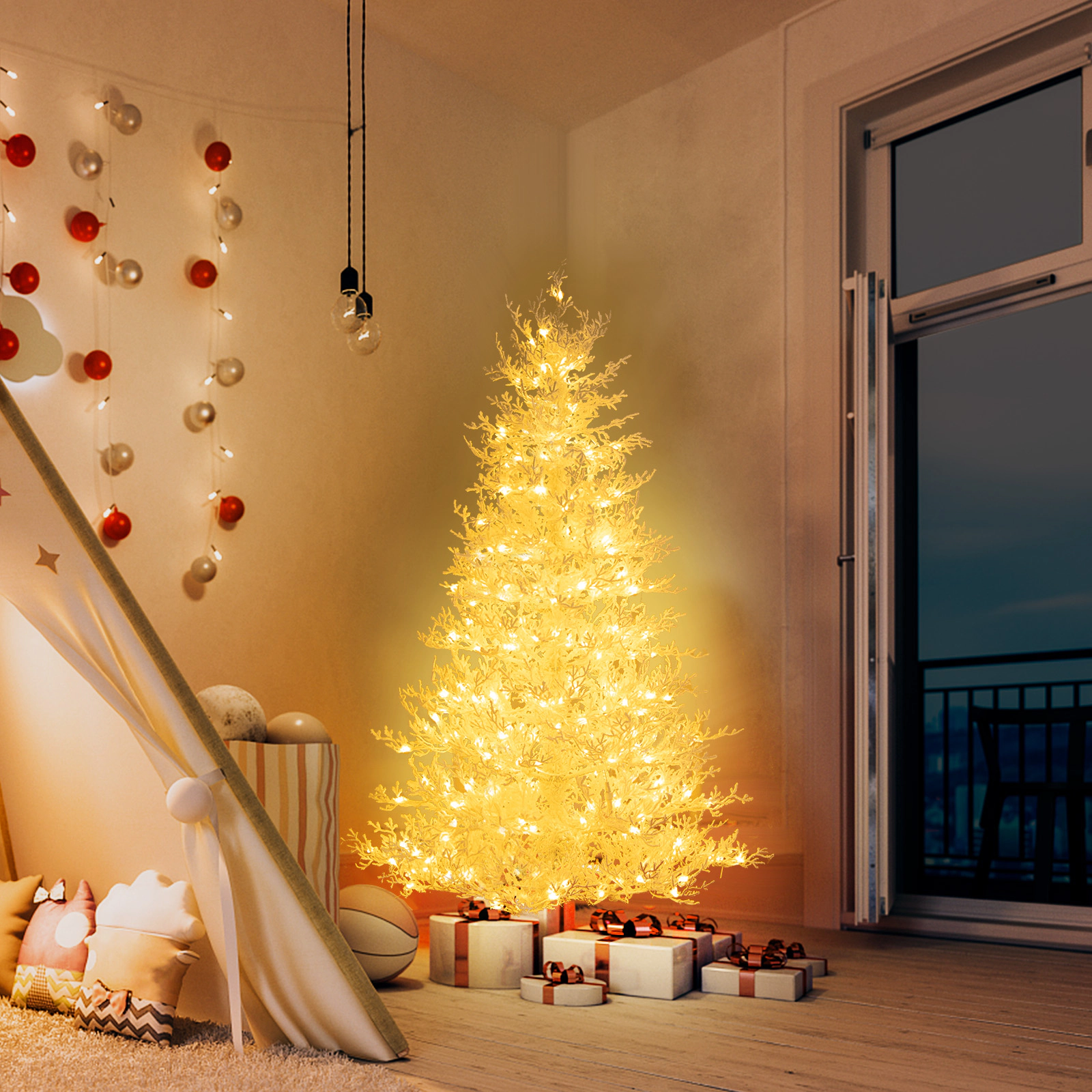 LJG 6 Feet Artificial Xmas Tree with 383 PE Branch Tips and 300 LED Lights