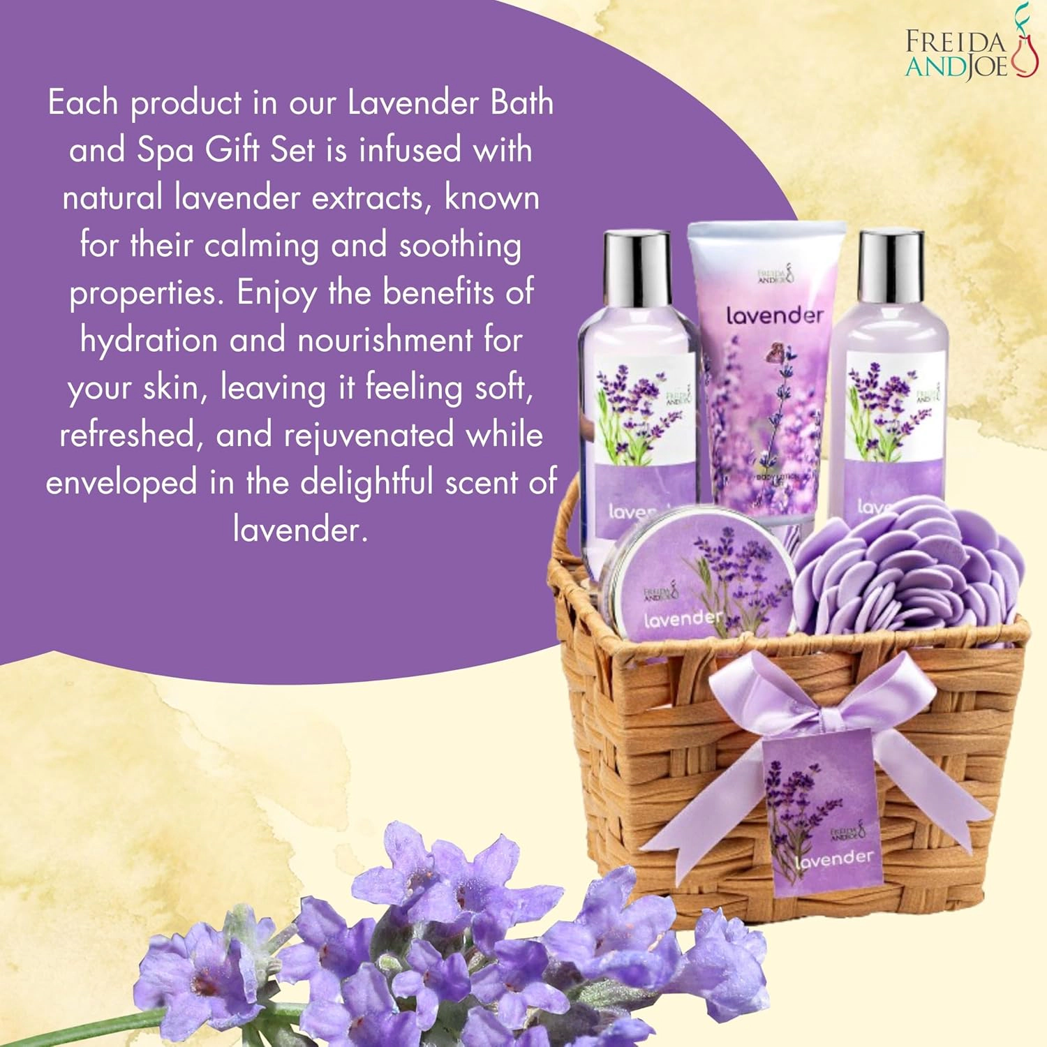 Freida and Joe Women Lavender Bath & Body 6pc Set Wicker Spa Basket For Spa Relaxation