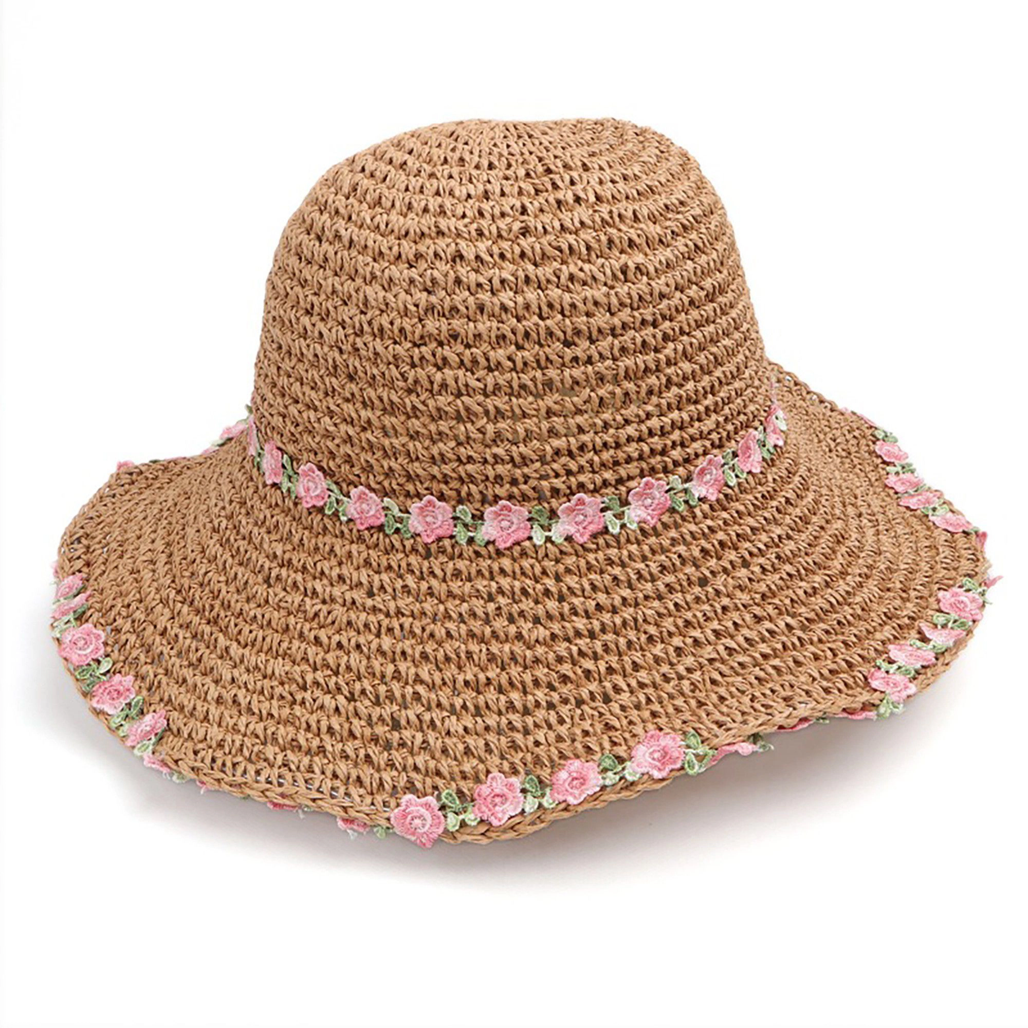 Anna-Kaci Women's Crochet Bucket Sun Hat with Floral Embroidery and Wavy Brim Design