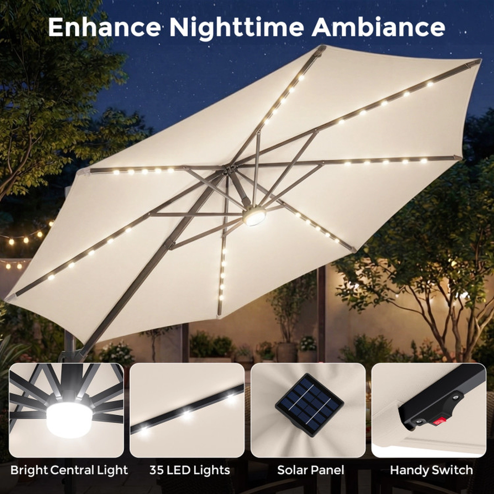 SUGIFT 35 Solar LED Lights and 220 LB Base 10 FT Square Cantilever Patio Umbrella