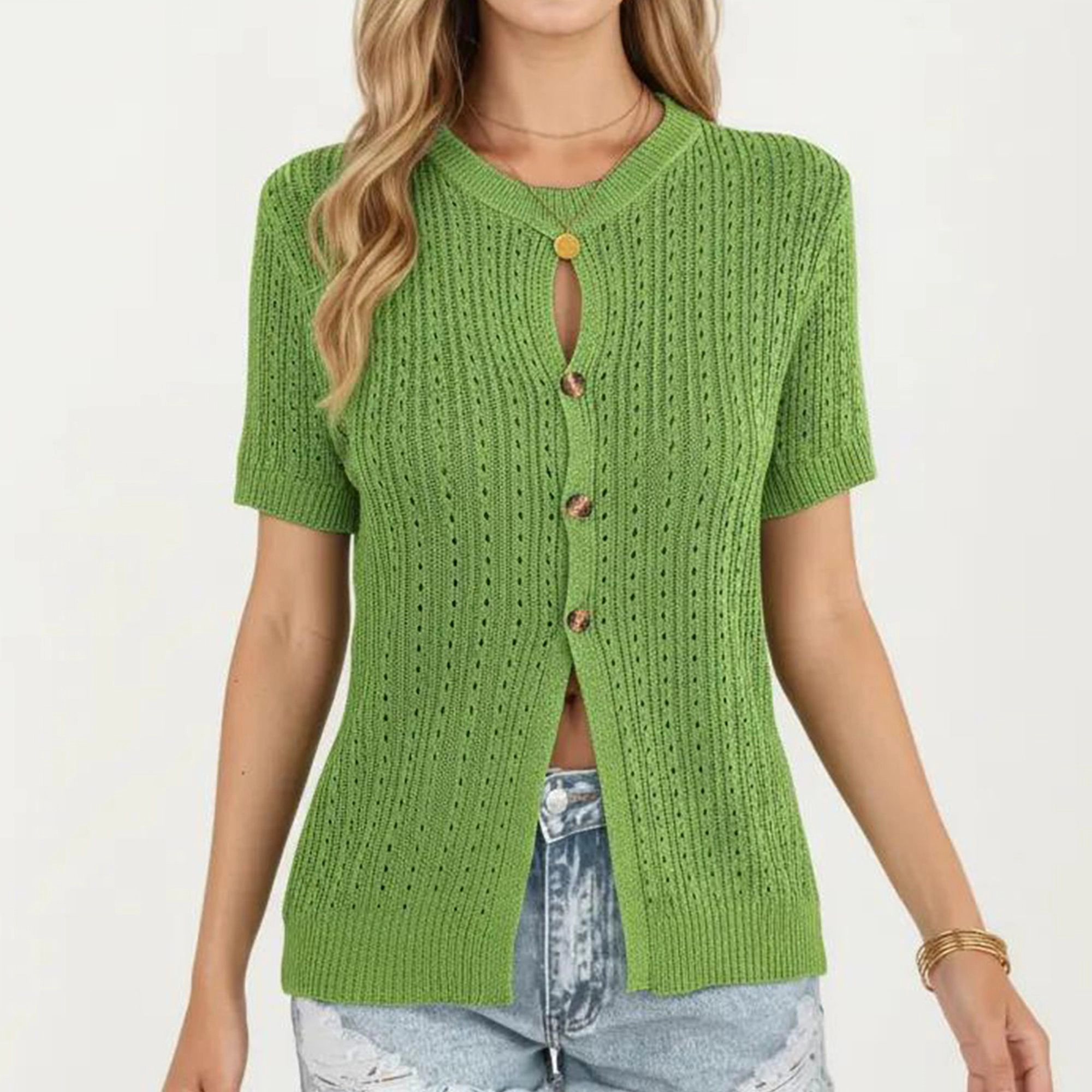 Anna-Kaci Women's Short Sleeve Open Knit Button Front Sweater Top with Crew Neck and Relaxed Fit