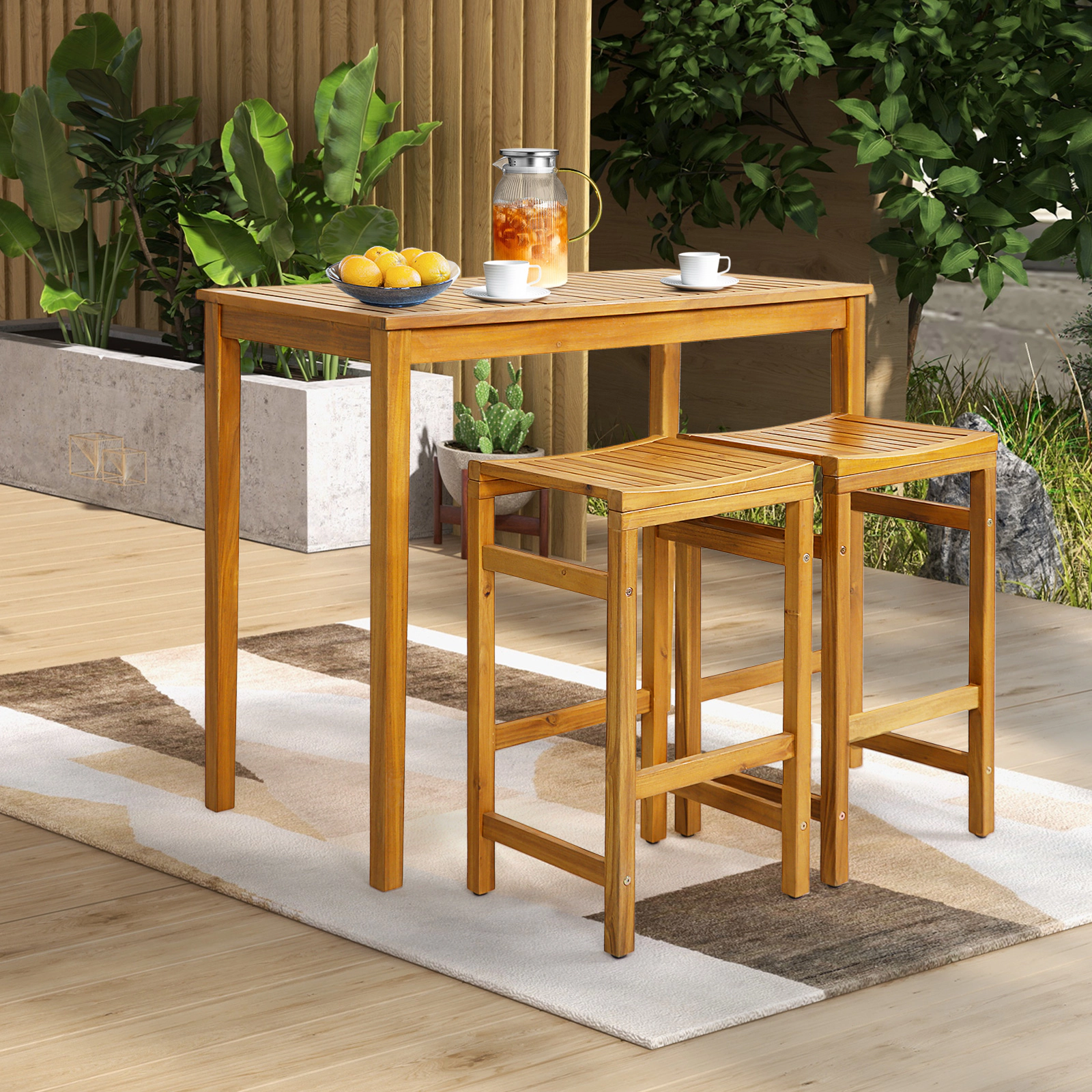 SUGIFT 45 in Teak Finish Acacia Wood Bar-Height Outdoor Patio Table