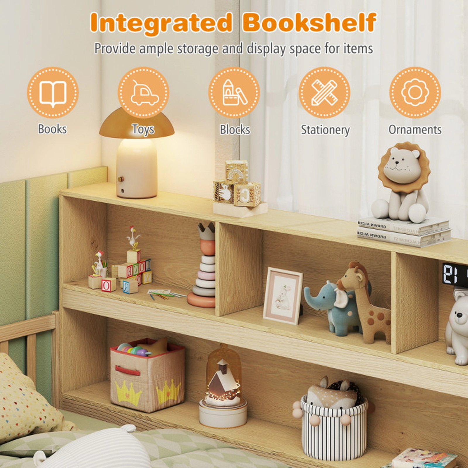 SUGIFT Montessori Floor Bed Integrated 76-in Bookcase & Fence Rails Twin Trundle Bed 44-lb Bookshelf Capacity Gray/White