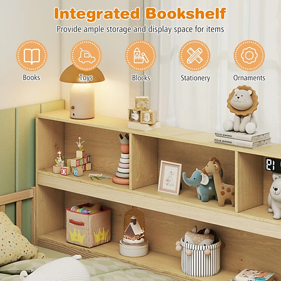 SUGIFT Montessori Floor Bed Integrated 76-in Bookcase & Fence Rails Twin Trundle Bed 44-lb Bookshelf Capacity Gray/White
