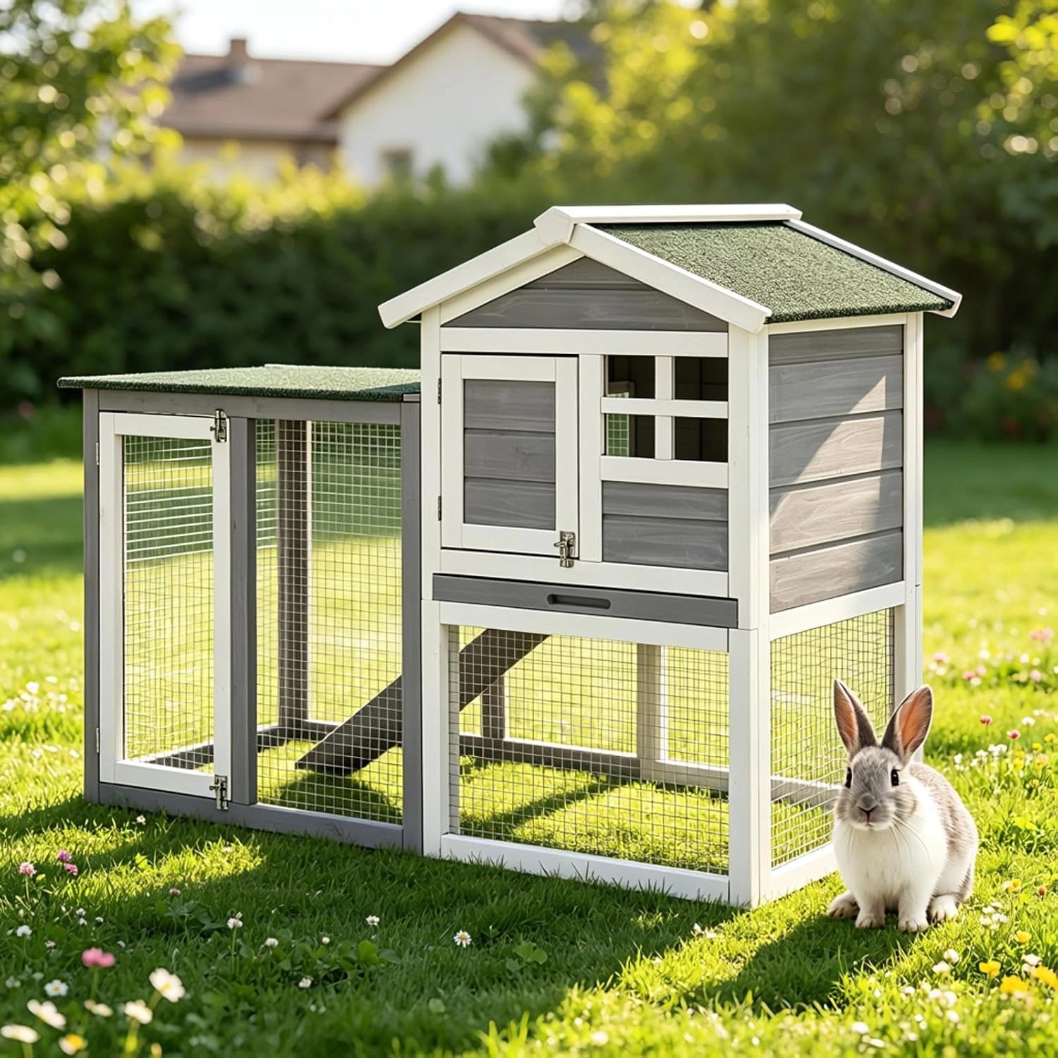 48" 2-Story Wooden Rabbit Hutch with Ramp, Weatherproof Roof, Pull-Out Trays for 2 Rabbits, Guinea Pigs & Small Pets