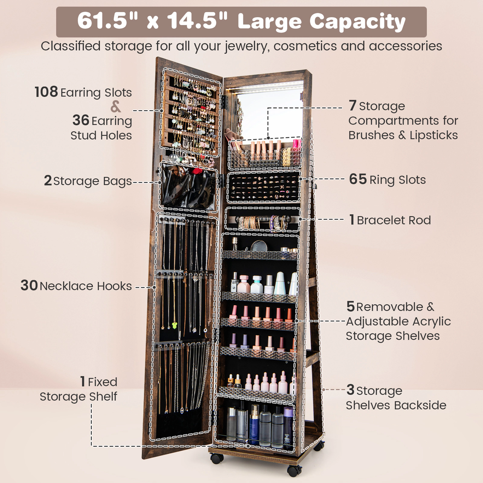 SUGIFT 64-in Lockable Jewelry Cabinet Armoire with Full-Length Mirror and Built-in Makeup Mirror Coffee