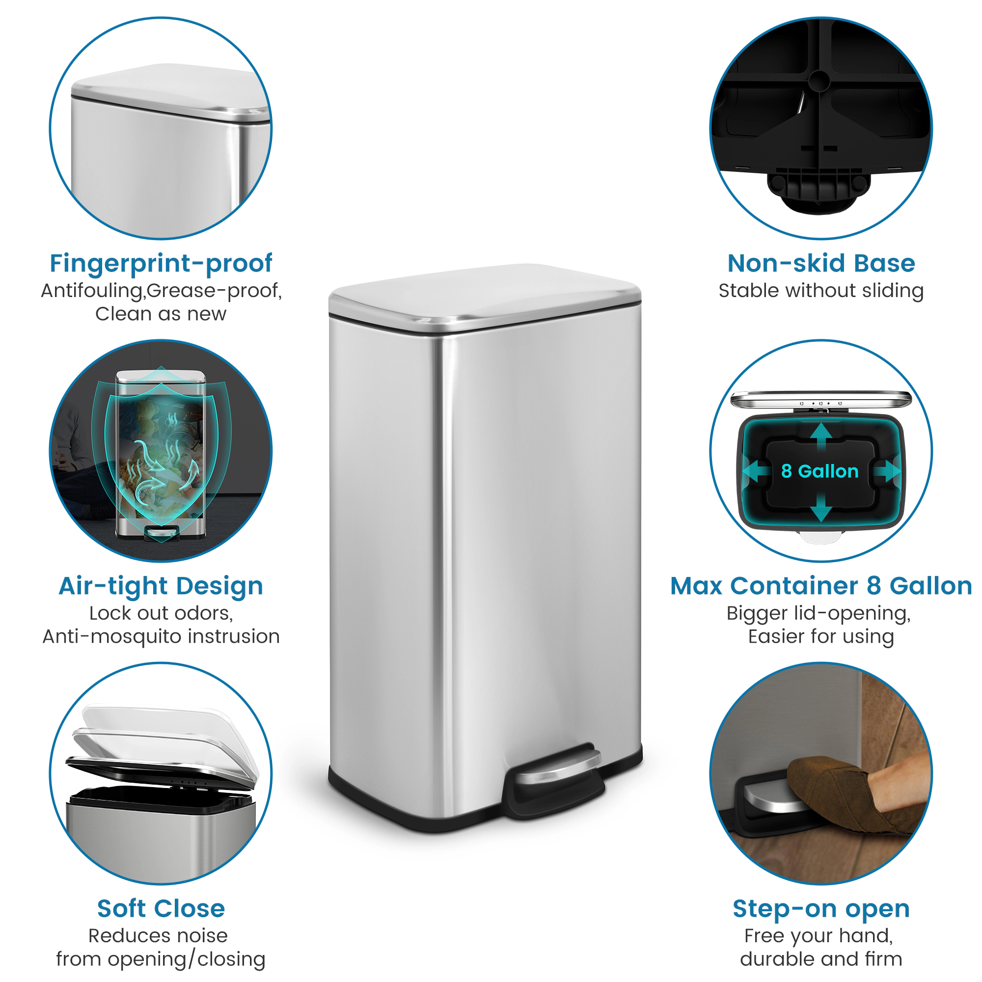 Innovaze 8 Gal./30 Liter Rectangular Stainless Steel step-on Trash Can for Kitchen
