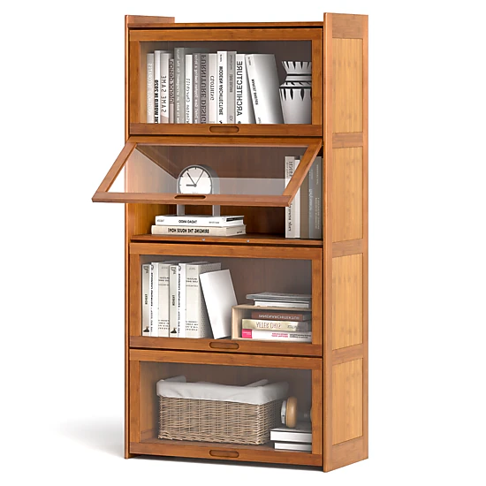 Costway 4-Tier Bamboo Bookshelf w/Doors See-through Acrylic Doors Freestanding Bookcase Natural