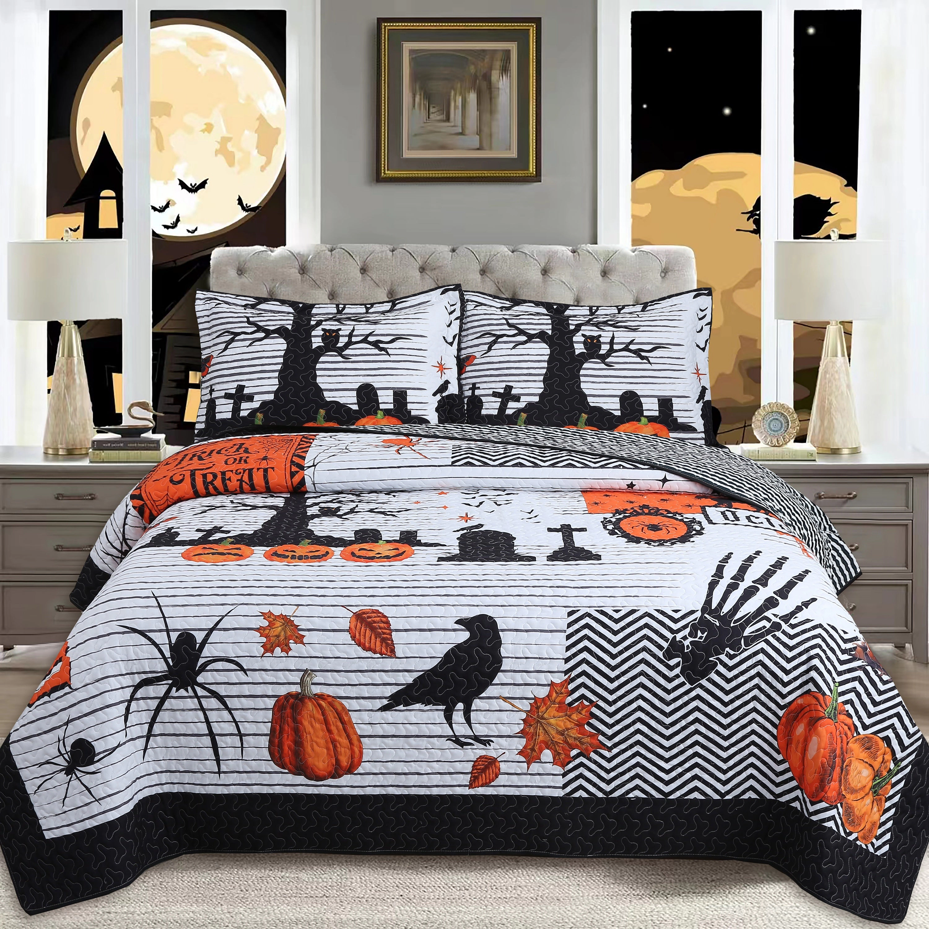 MarCielo 3 Piece Polyester Halloween Quilt Set – Pumpkin Haunted Night Bedspread