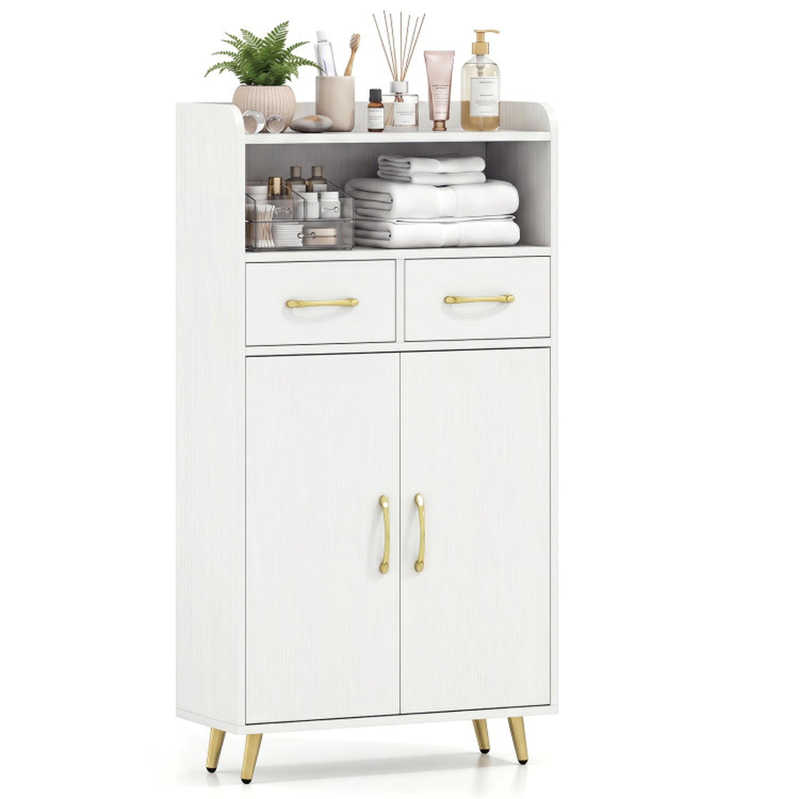 SUGIFT White 44-lb Countertop Freestanding Bathroom Floor Storage Cabinet with 2 Drawers 2 Doors and Adjustable Shelf