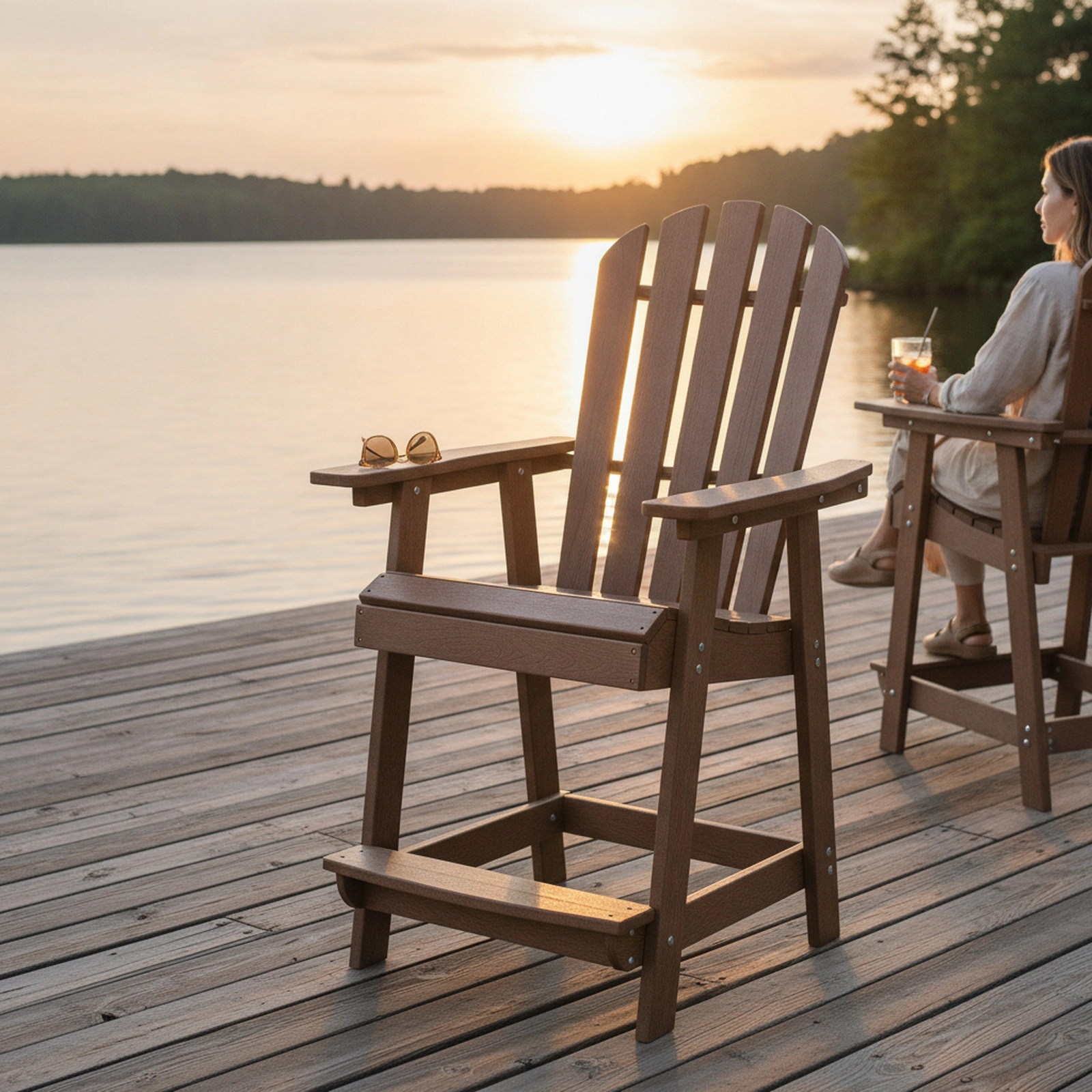 SUGIFT Counter-Height Bar Stool, HDPE Indoor-Outdoor Chair with Arms, Footrest and Backrest, Coffee