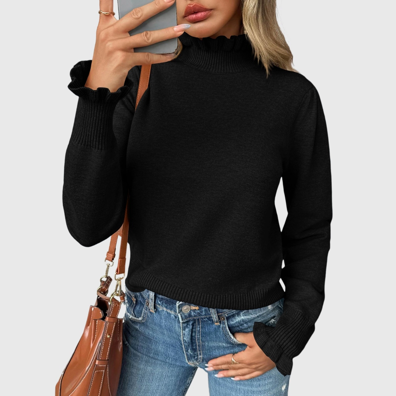 YesFashion Women's Ruffle Mock Neck Sweater Casual Long Puff Sleeve Soft Knit Pullover Tops