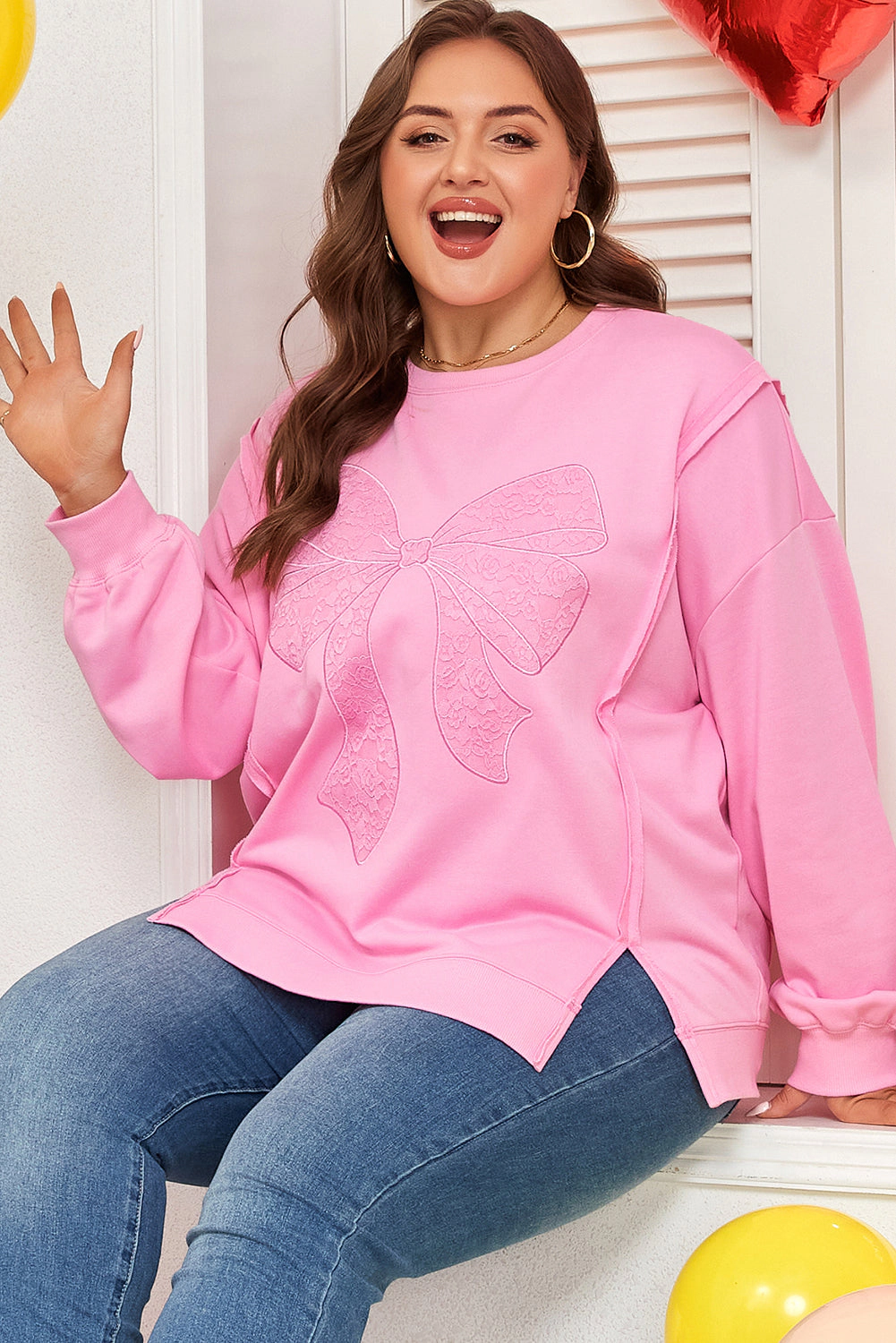 Threaded Pear Women's Pink Big Bow Lace Embroidered Dolman Sleeve Slit Plus Sweatshirt