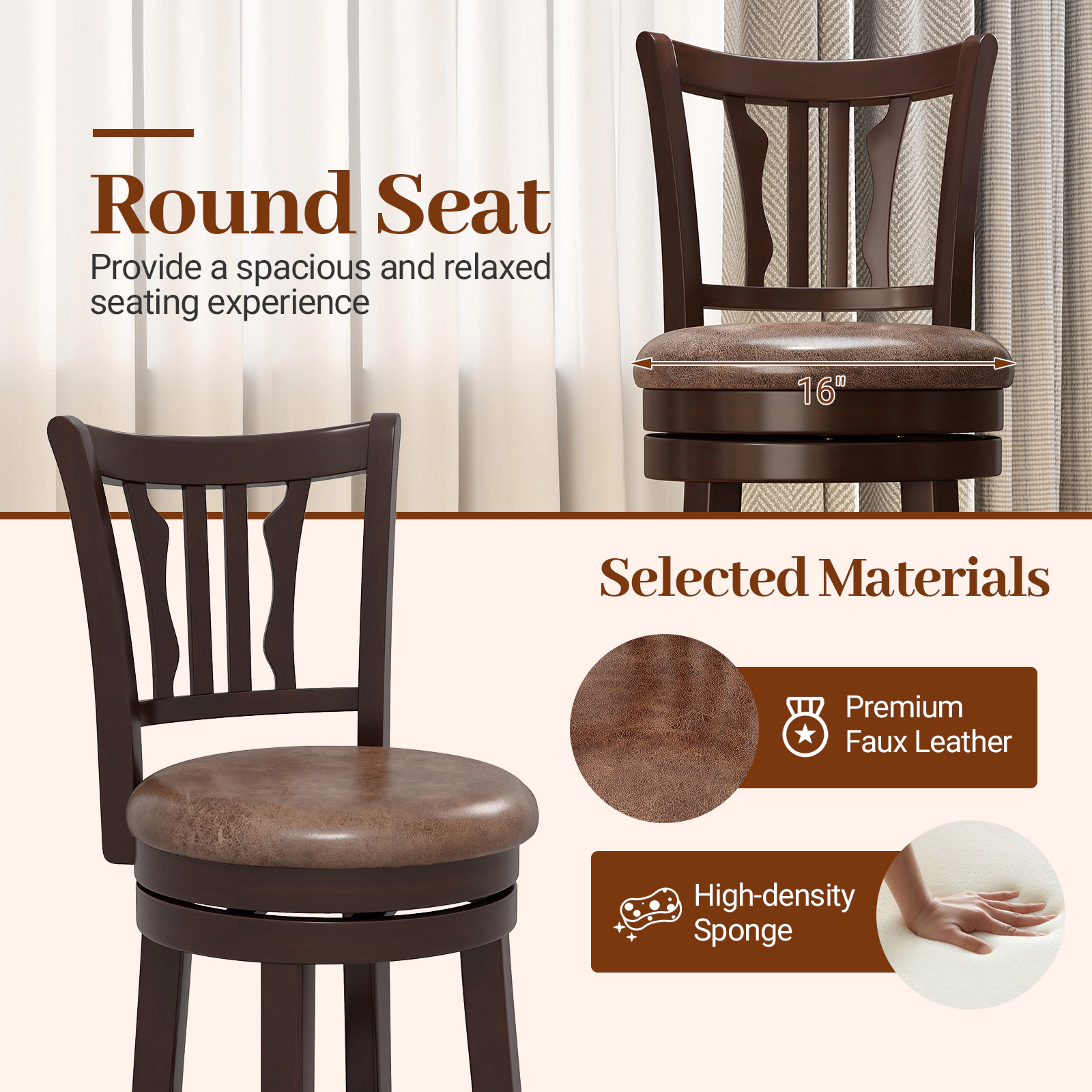 SUGIFT 360° Swivel Counter Height Bar Stools Set of 2 with Back 400-lb Capacity 26-in Seat Height Cappuccino
