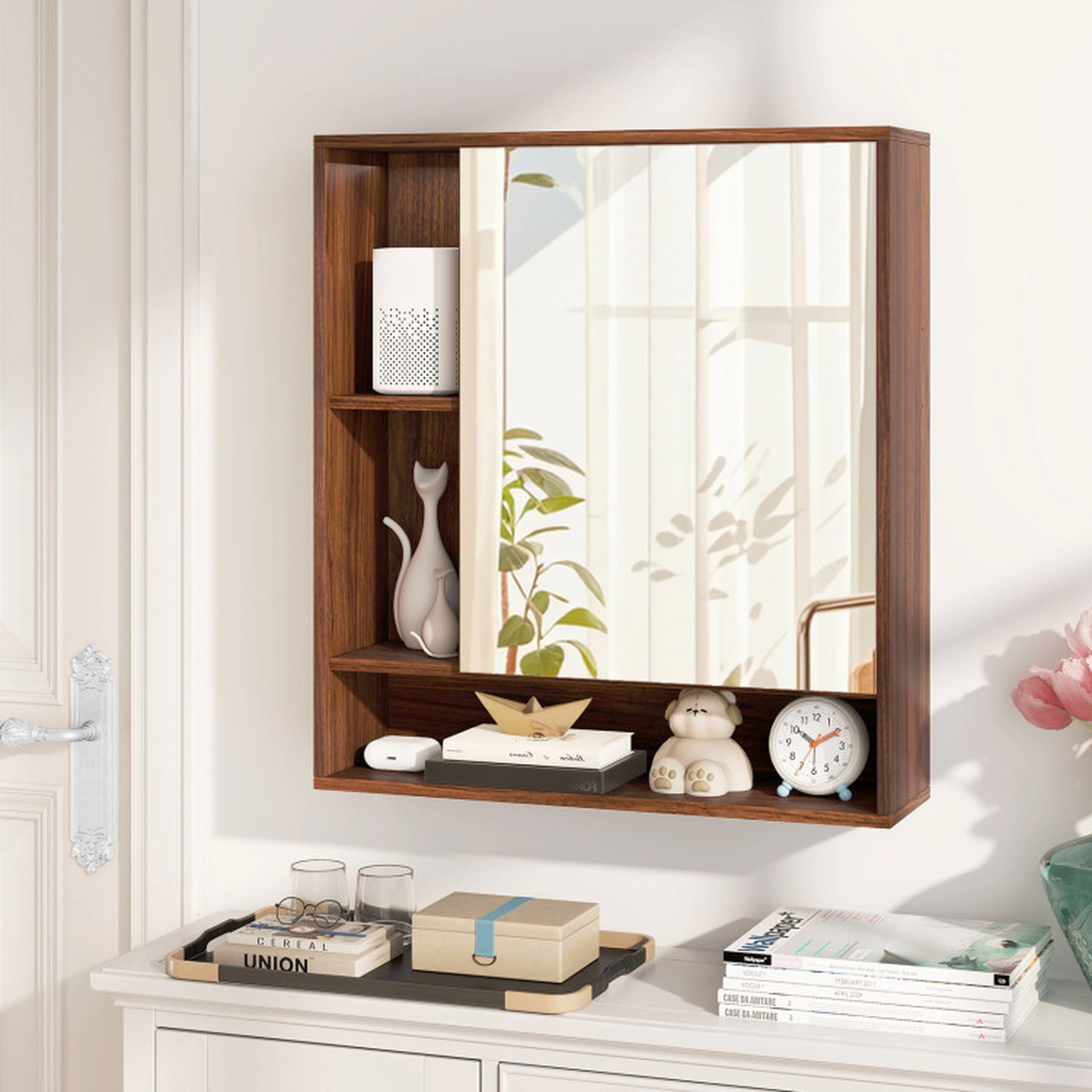 SUGIFT Walnut 176-lb Capacity Wall Mounted Bathroom Mirror Cabinet with Single Door and Open Shelves