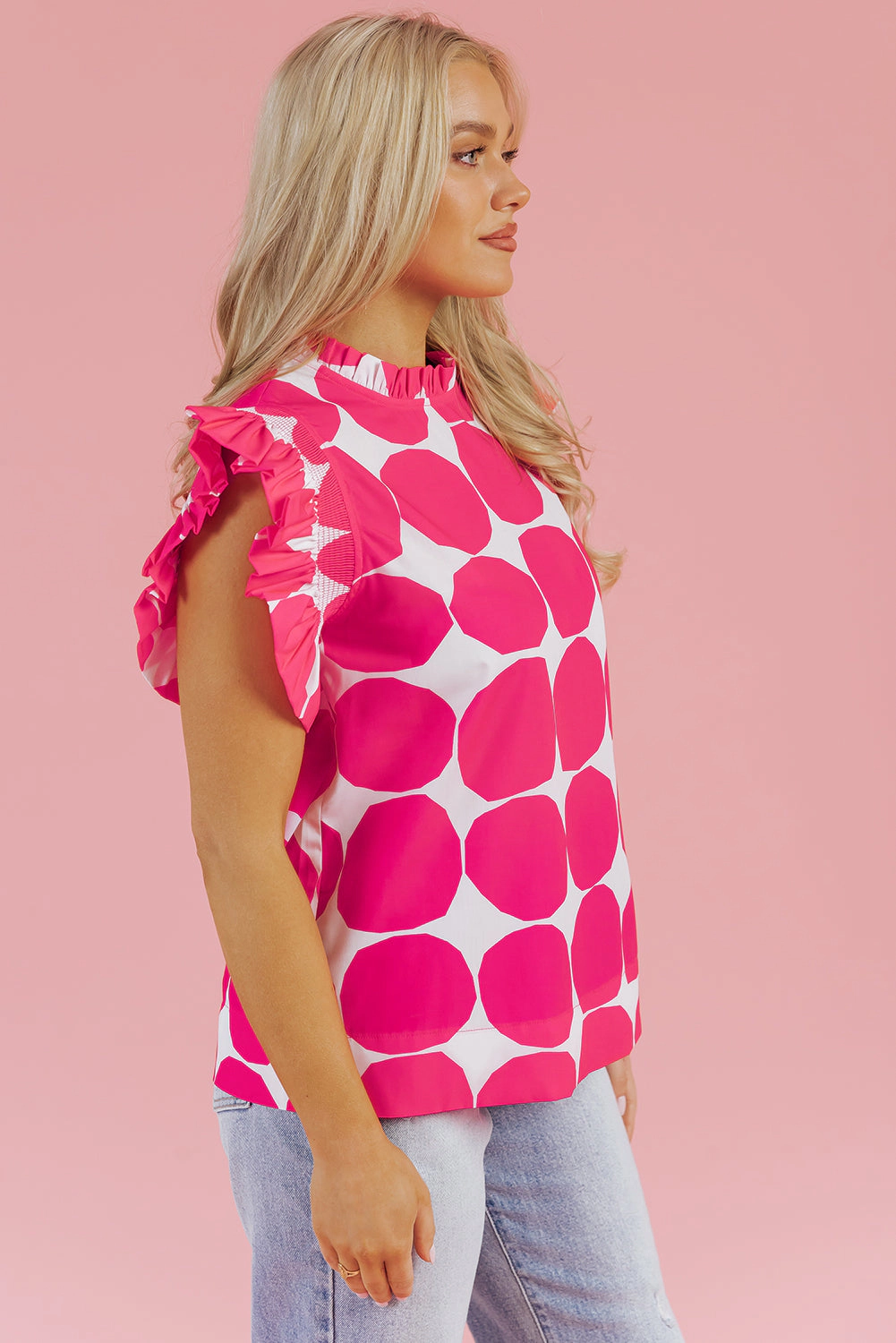Threaded Pear Women's Loretta Bubblegum Pattern Frilled Top