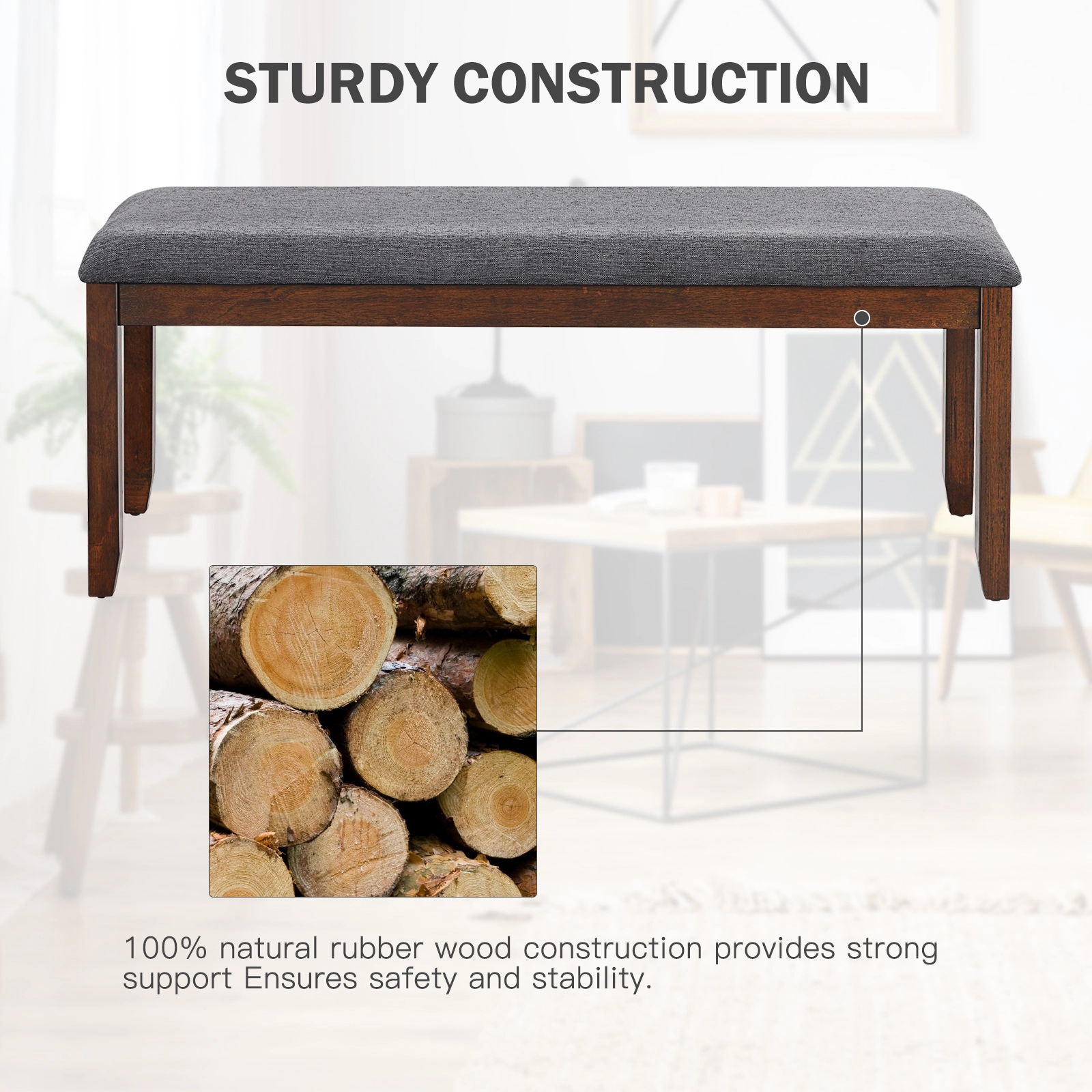 Glintex 47.5-Inch Linen Dining Bench with Rubber Wood Legs and 573-Lb Capacity, Gray & Brown
