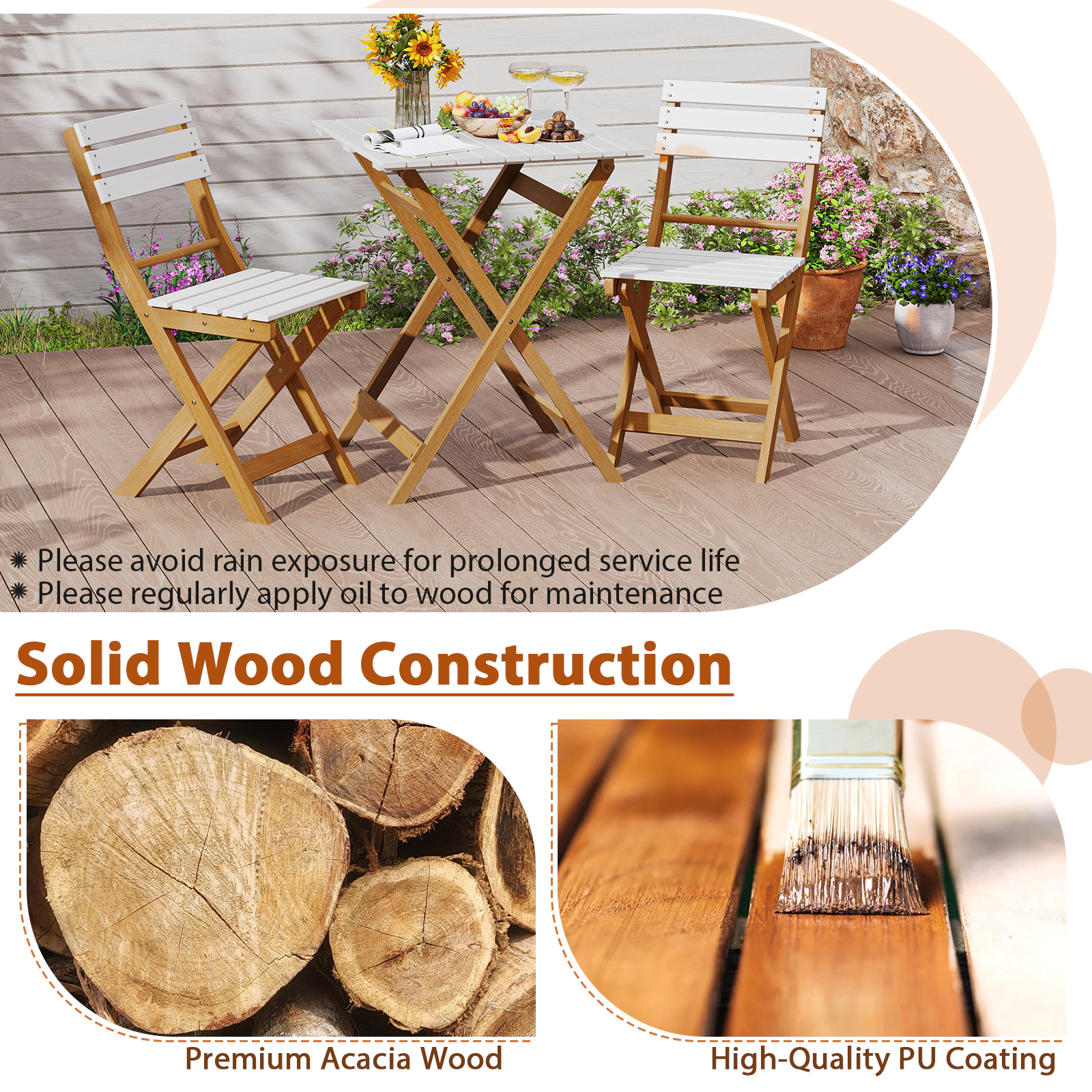 Hivvago 3 Piece Folding Patio Bistro Set With Foldable Design Acacia Wood Porch Chairs And Square Table