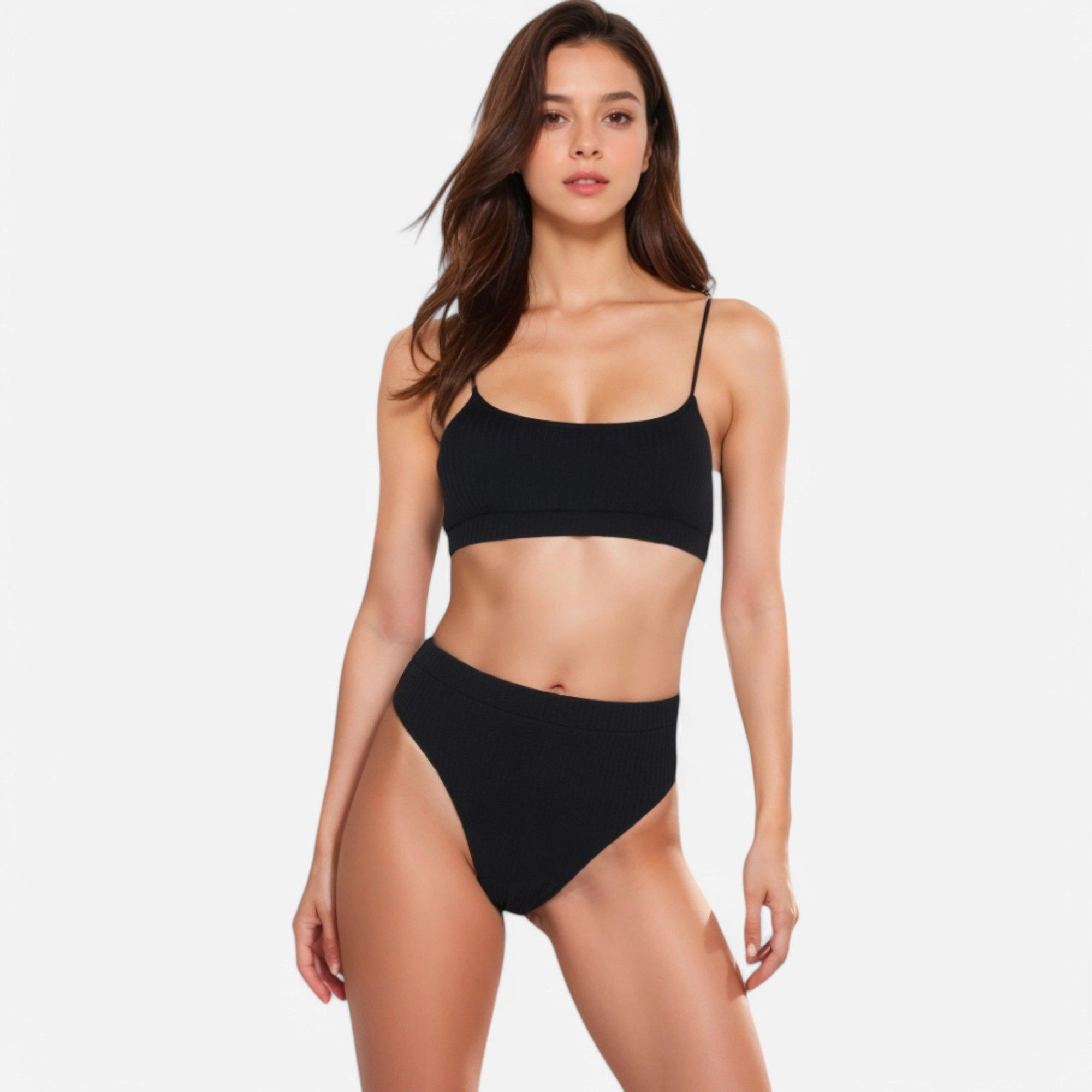 Anna-Kaci Women's Ribbed Bikini Set with Scoop Neck Bralette and High-Cut Bottoms