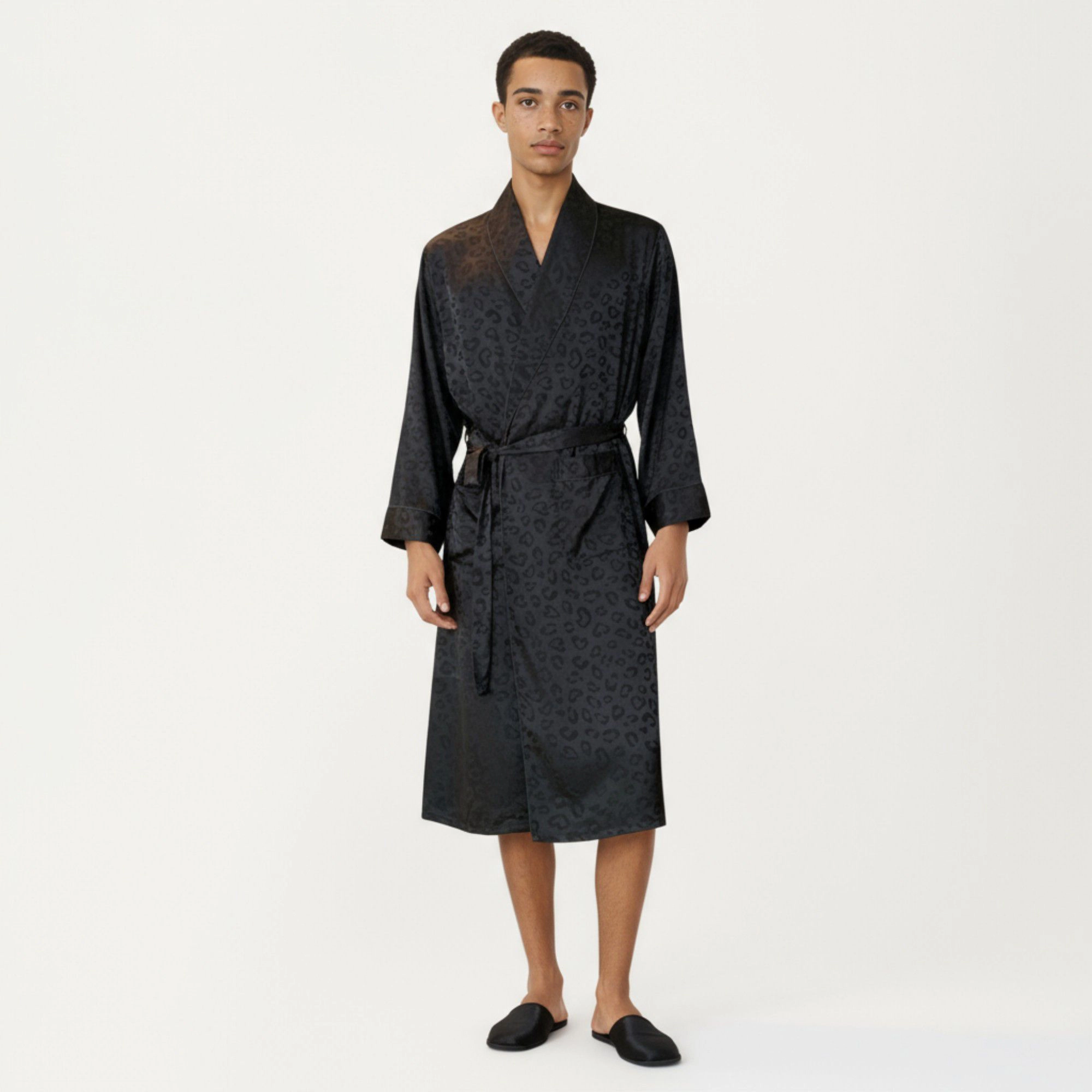 Anna-Kaci Men's Leopard Print Satin Robe with Waist Tie and Front Pockets