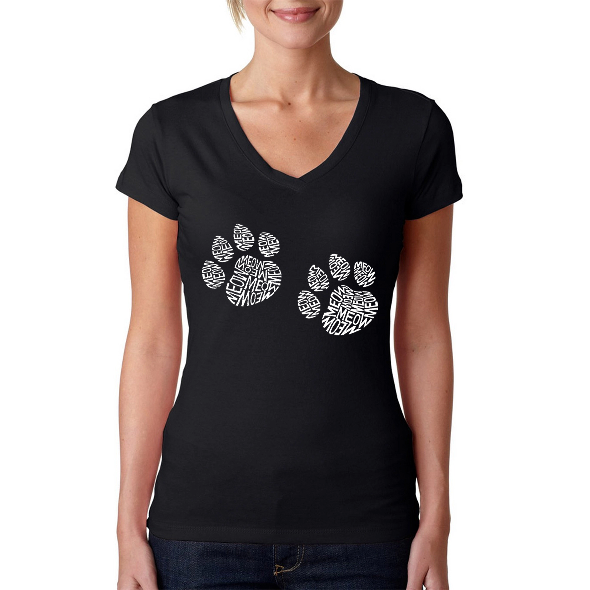 LA Pop Art Womens Word V-Neck T-Shirt - Meow Cat Prints