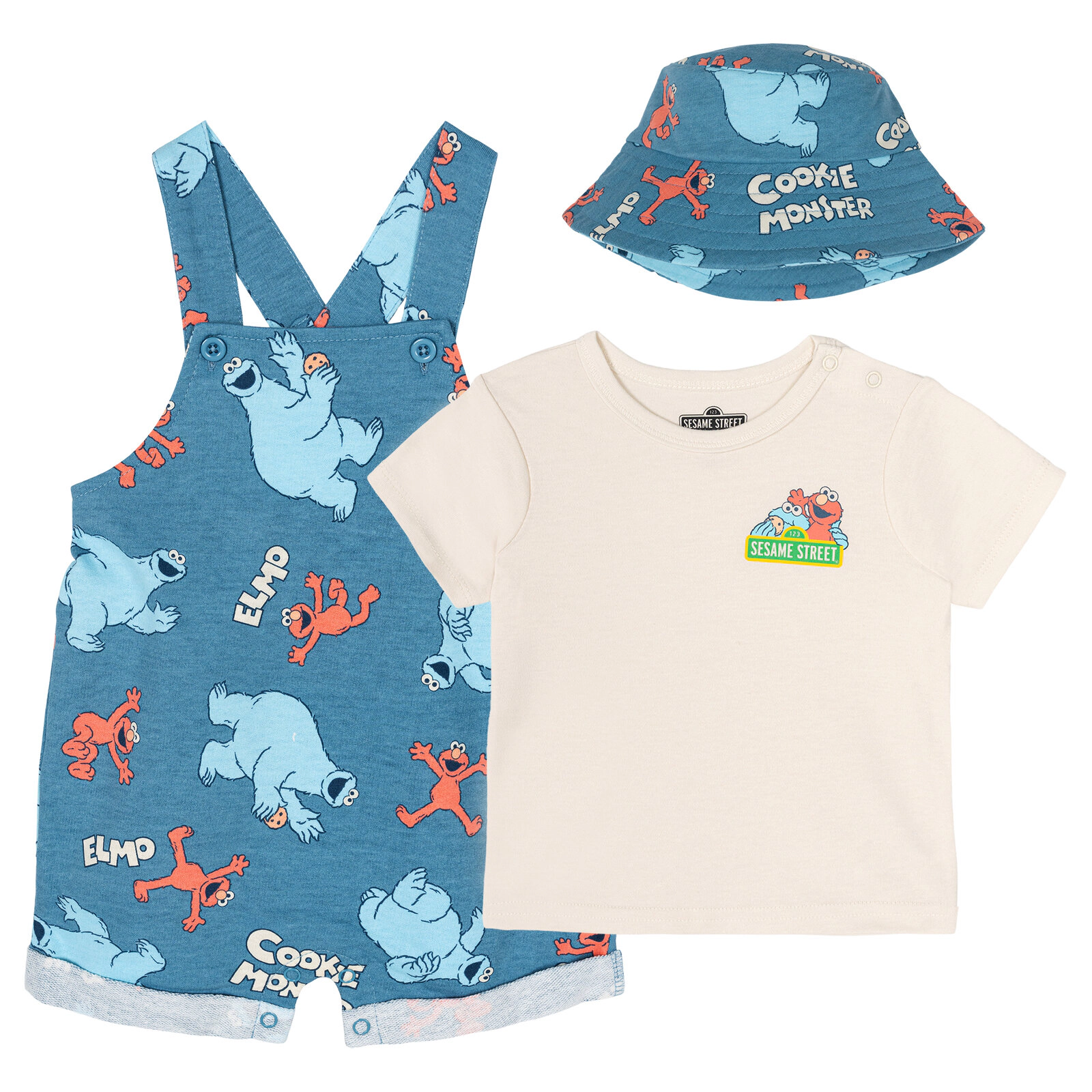 Sesame Street Boys' T-Shirt and Shortalls Set with Bucket Hat