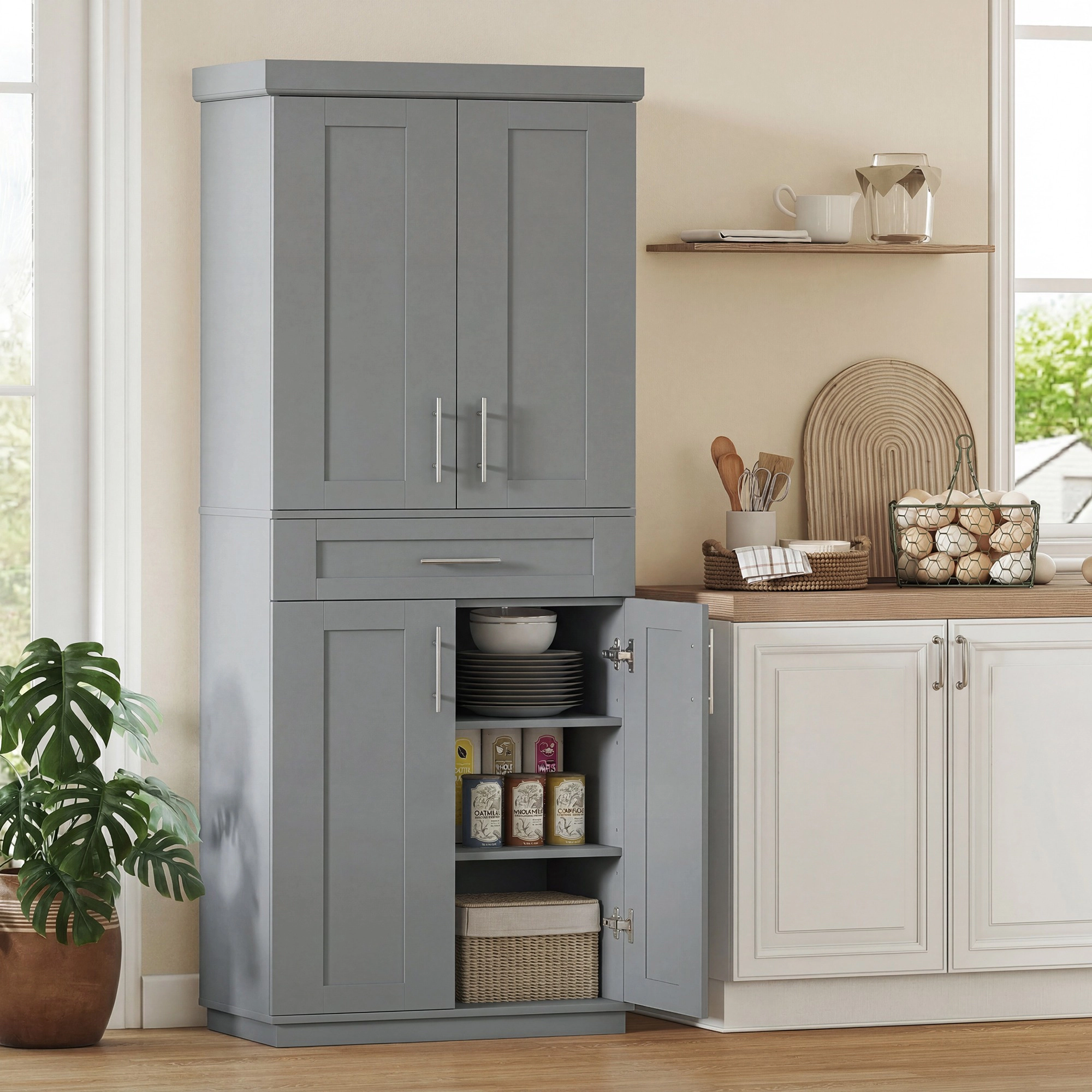 HONGGE Modern Kitchen Pantry Freestanding Cabinet Cupboard with Doors and Drawer Adjustable Shelving