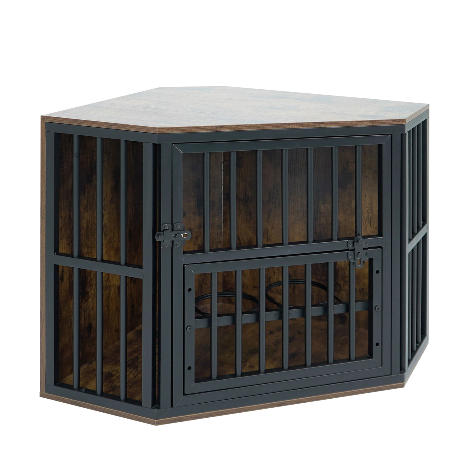 SUGIFT 35.5 in Dog Kennel End Table Rustic Brown with 3-Position Dog Bowl Rack and Corner Shape