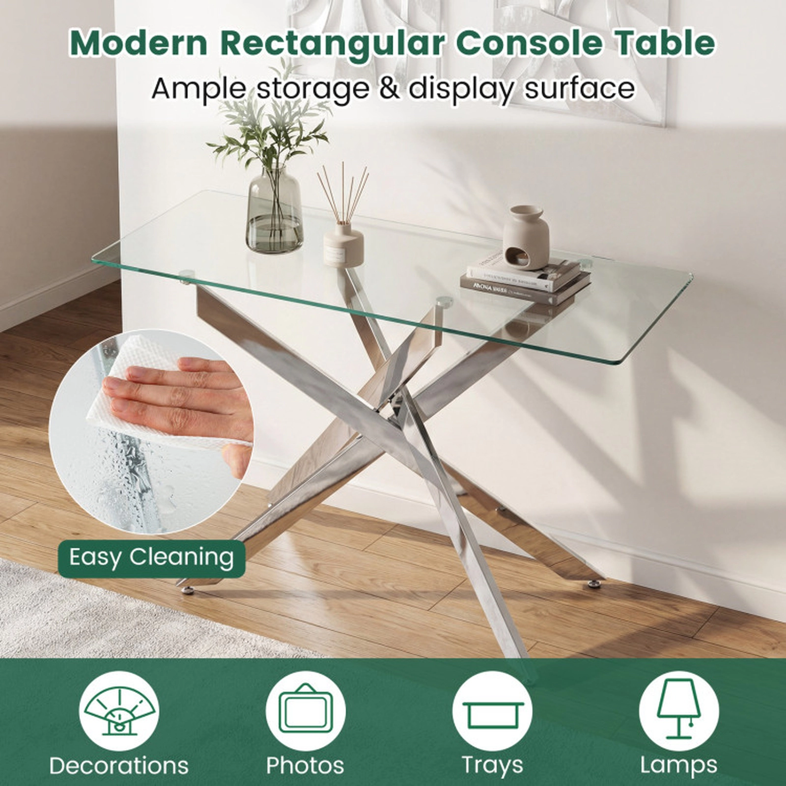 SUGIFT Tempered Glass Top Modern Console Table 31-in Tall 110-lb Capacity 1-Piece Silver