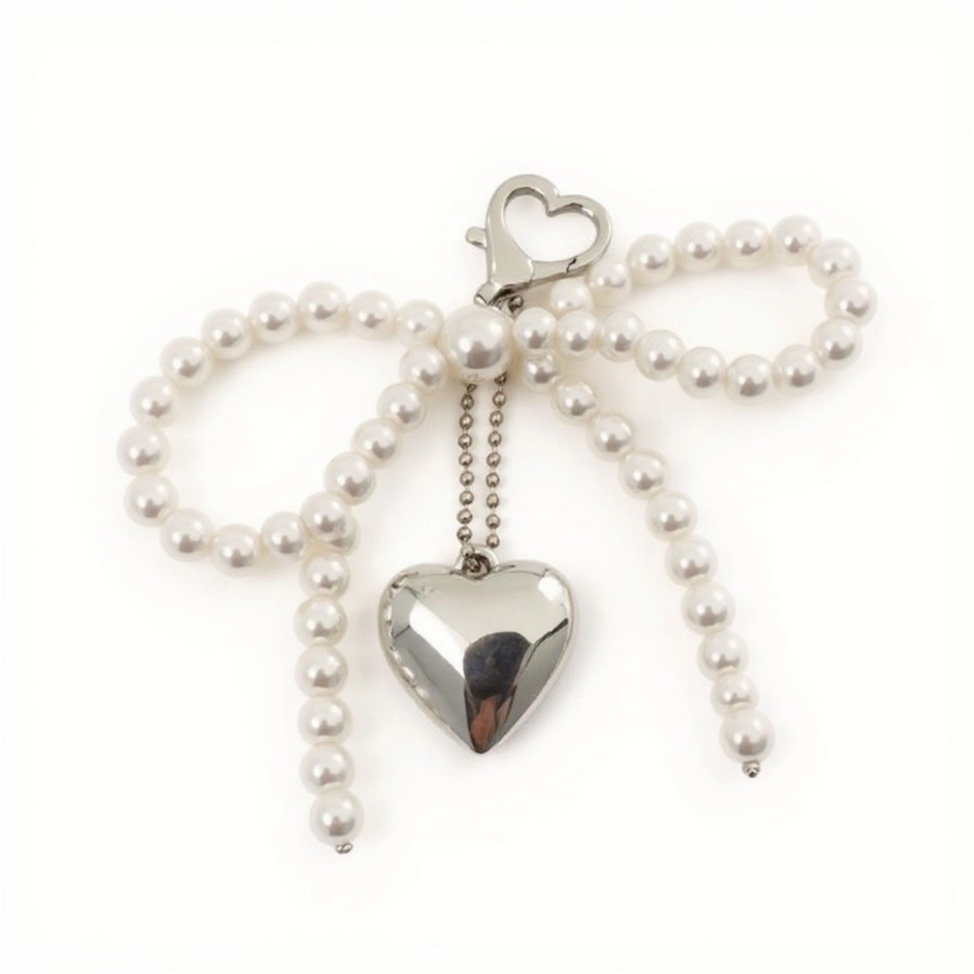 Alilang Women's Pearl Beaded Bow Keychain with Silver Heart Charm and Heart Clip