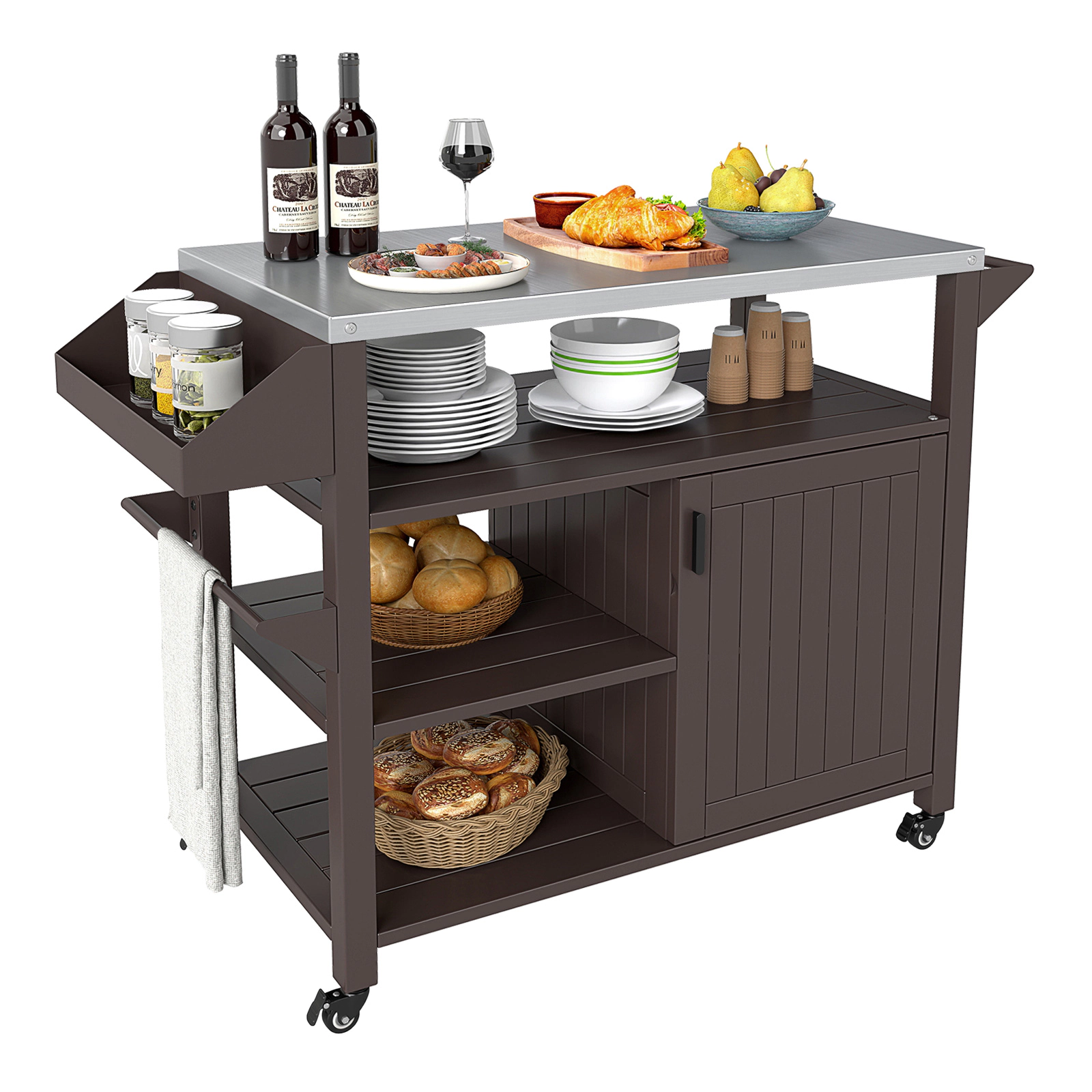 SUGIFT Brown Rolling Grill Cart with Storage Cabinet and Shelves 46-in W 20-in D 34-in H 88-lb Countertop Capacity