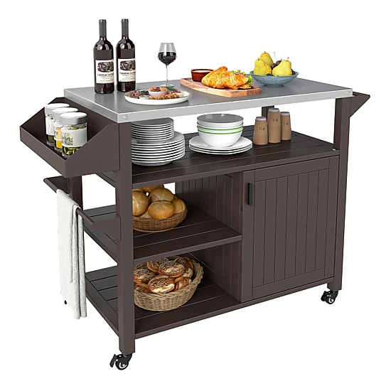 SUGIFT Brown Rolling Grill Cart with Storage Cabinet and Shelves 46-in W 20-in D 34-in H 88-lb Countertop Capacity