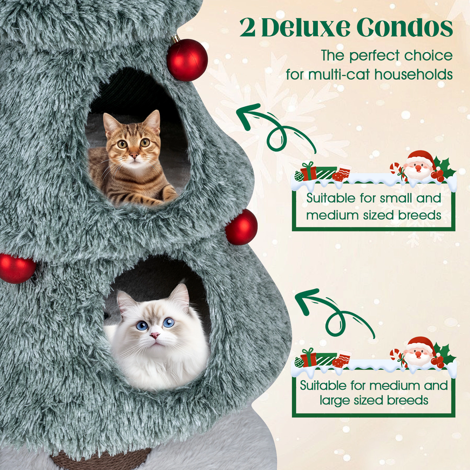 SUGIFT Frost-Kissed Christmas Cat Tree Tower with 2 Large Condos and Scratching Post 48.43-in Tall Green White Brown