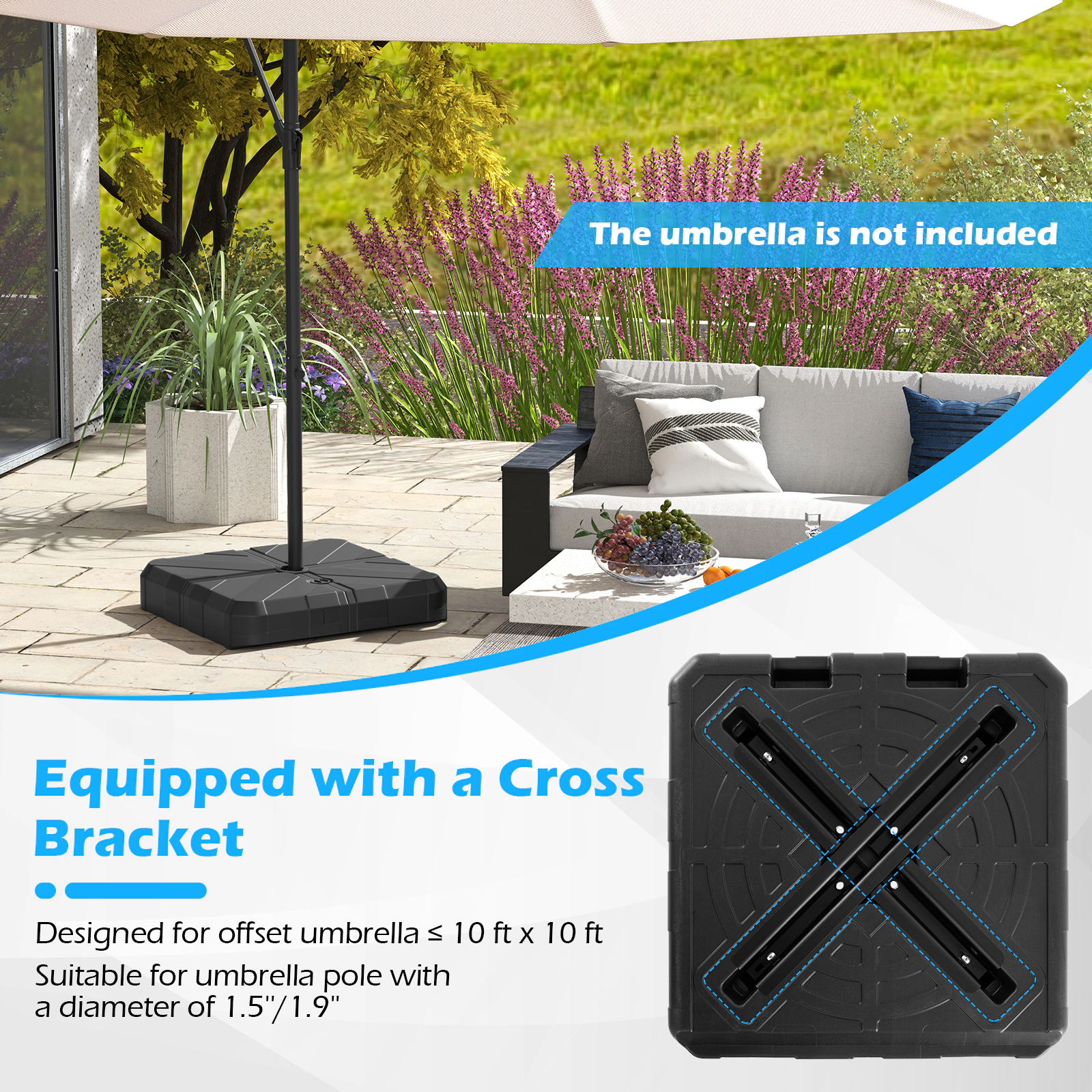 Slickblue HDPE Offset Patio Umbrella Base with Metal Cross Frame for 10 Ft Umbrellas