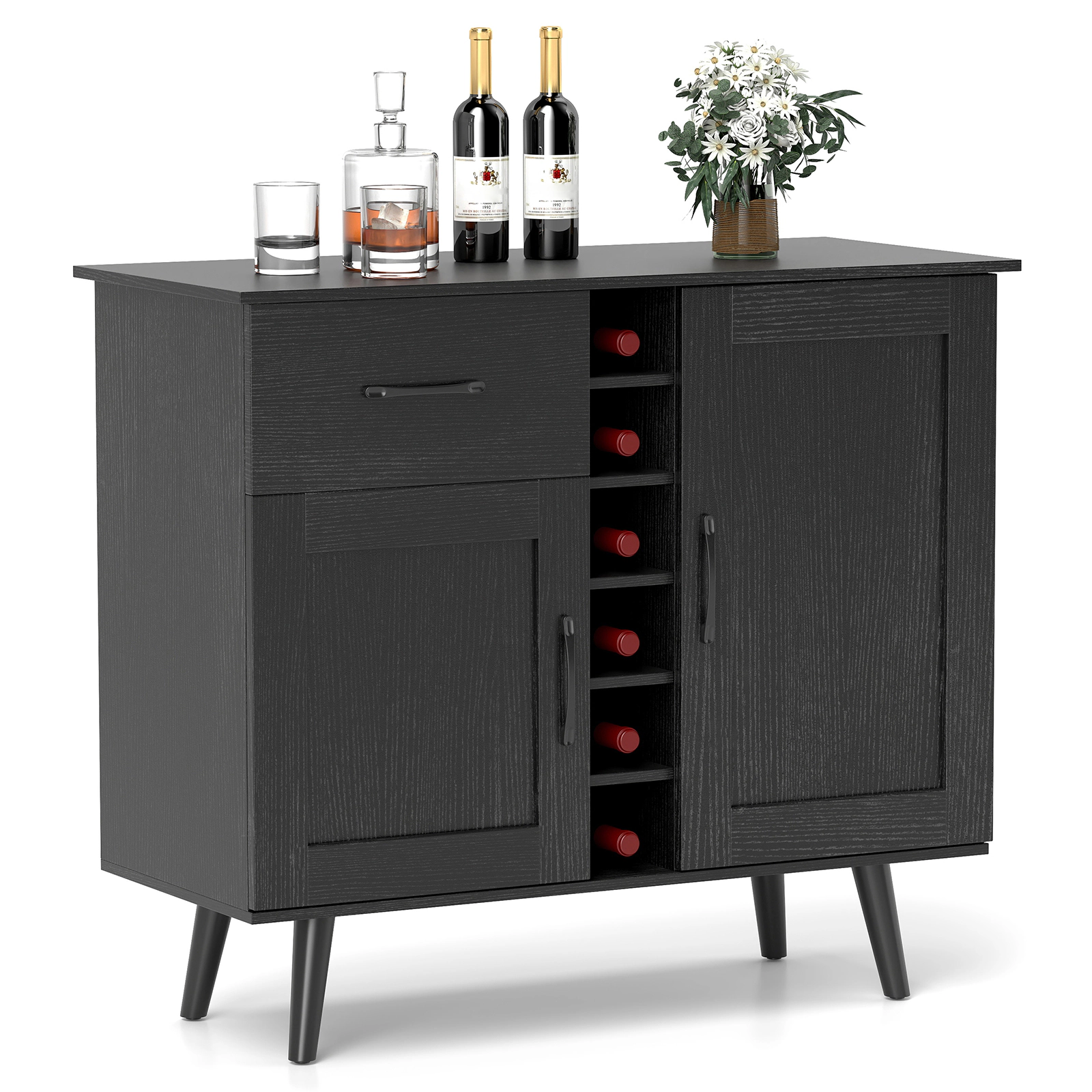 SUGIFT Modern Wine Bar Buffet Cabinet with 6-Bottle Wine Rack 125-lb Tabletop Capacity Black