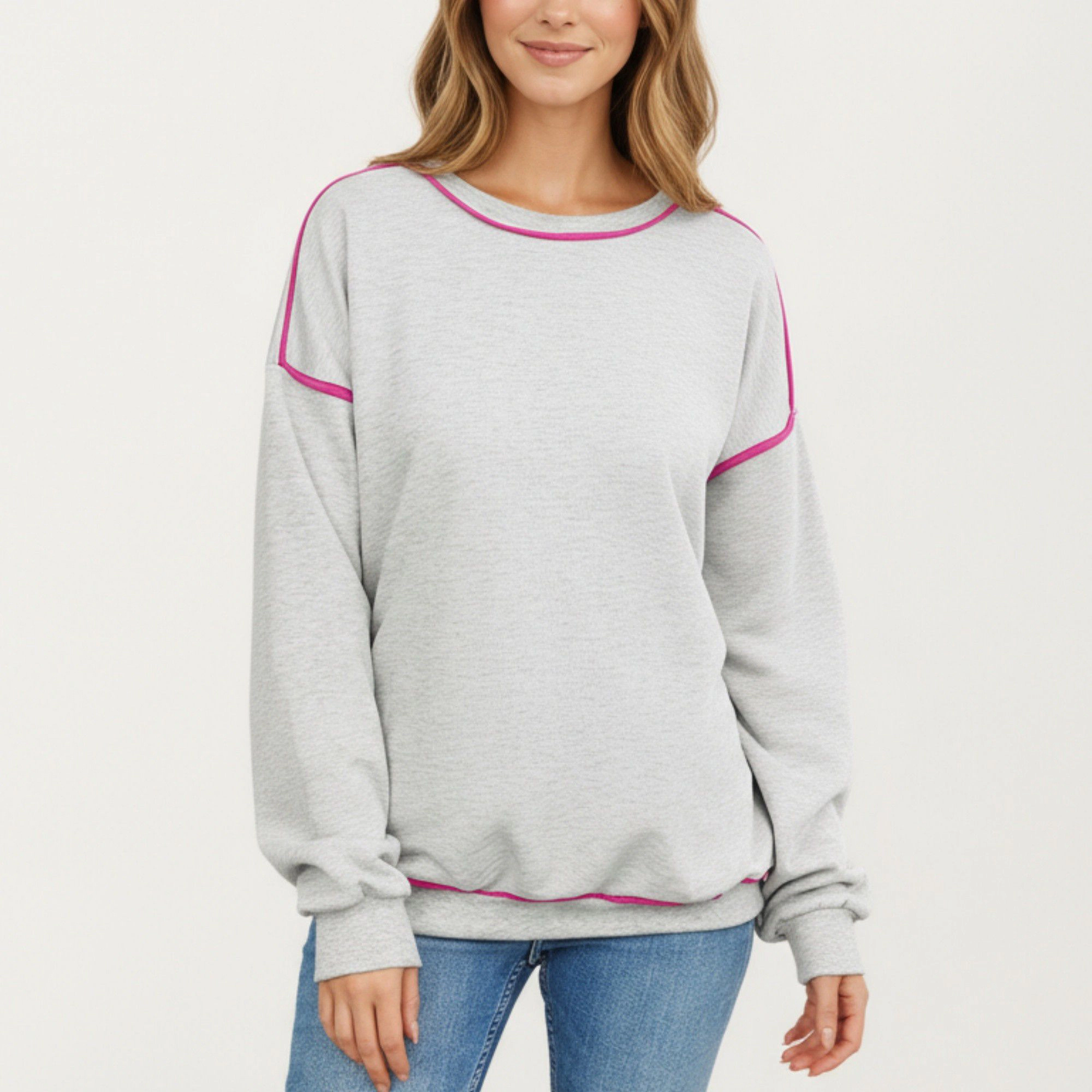 Anna-Kaci Women's Long Sleeve Crew Neck Pullover Sweatshirt with Contrast Piping Detail
