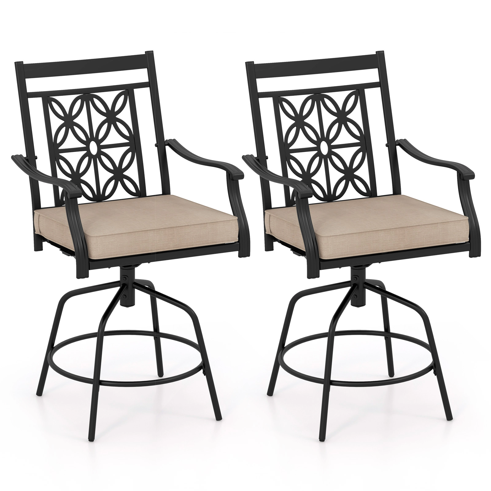 SUGIFT Set of 2 Brown Outdoor Swivel Bar Stools, 350 lb Capacity, Cushions and Armrests