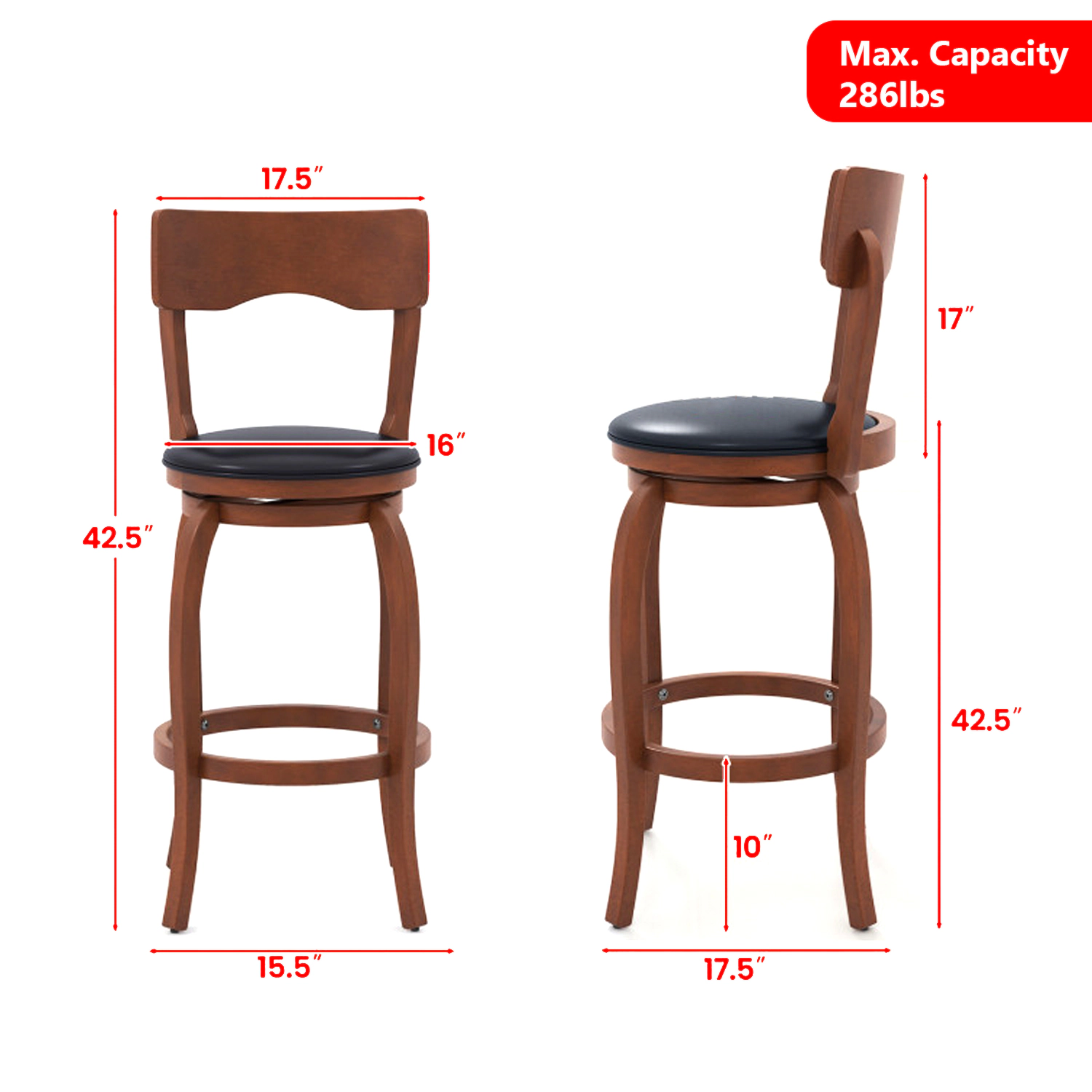 Hivvago 2-Piece Swivel Bar Stools with Upholstered Seats and Rubber Wood Frame
